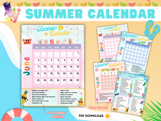 Printable Summer Calendar & Activity Checklist for Kids | June, July, August Planner + Outdoor Games, Bucket List & Adventures
