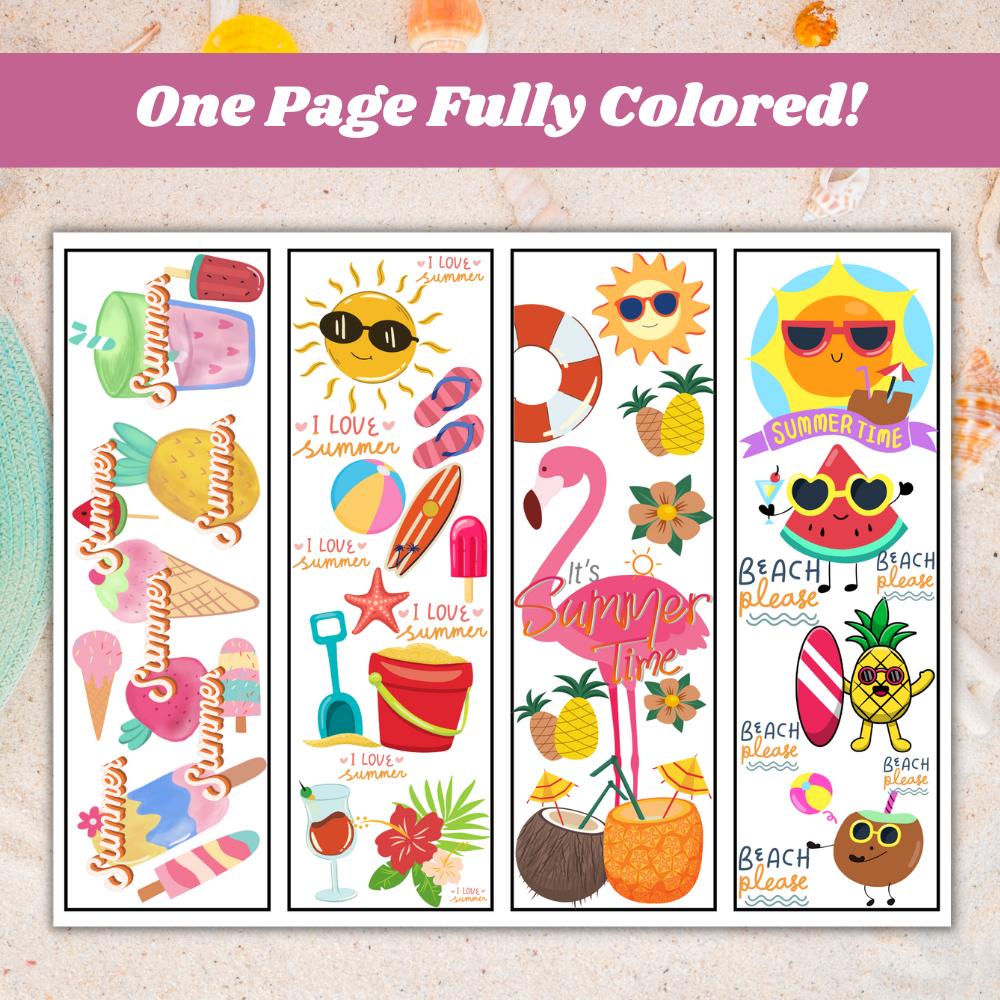 Printable Summer Bookmarks for Kids | Color-Your-Own + Full Color | Instant Download PDF | US Letter Size