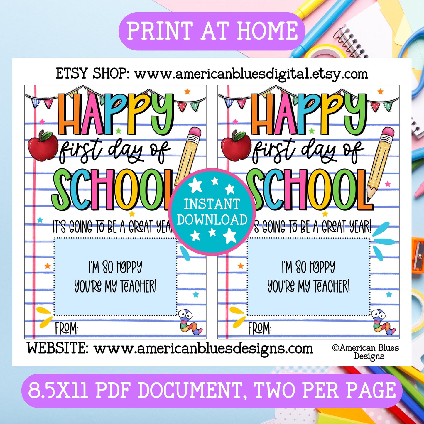 Happy First Day of School Bright & Colorful Teacher Back to School Gift Card Holders – Printable 5x7 Cards (2 per Page) (Copy)