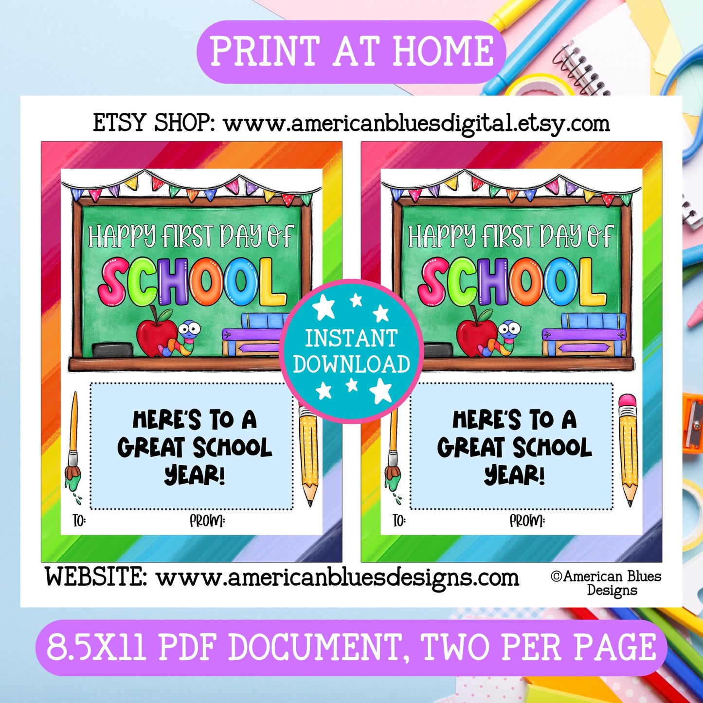 Happy First Day of School Cute Worm Teacher Back to School Gift Card Holders – Printable 5x7 Cards (2 per Page)