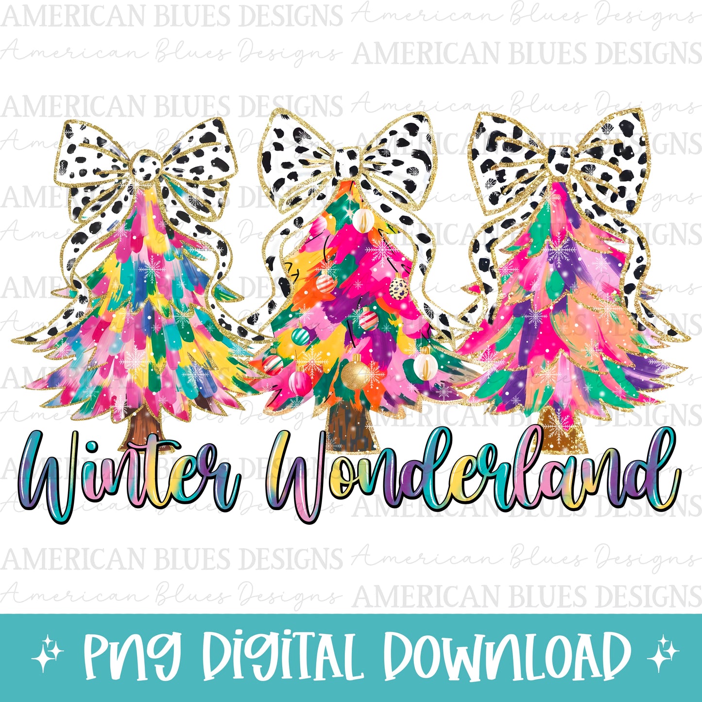 Winter Wonderland Bright Tie Dye Coquette Bows and trees