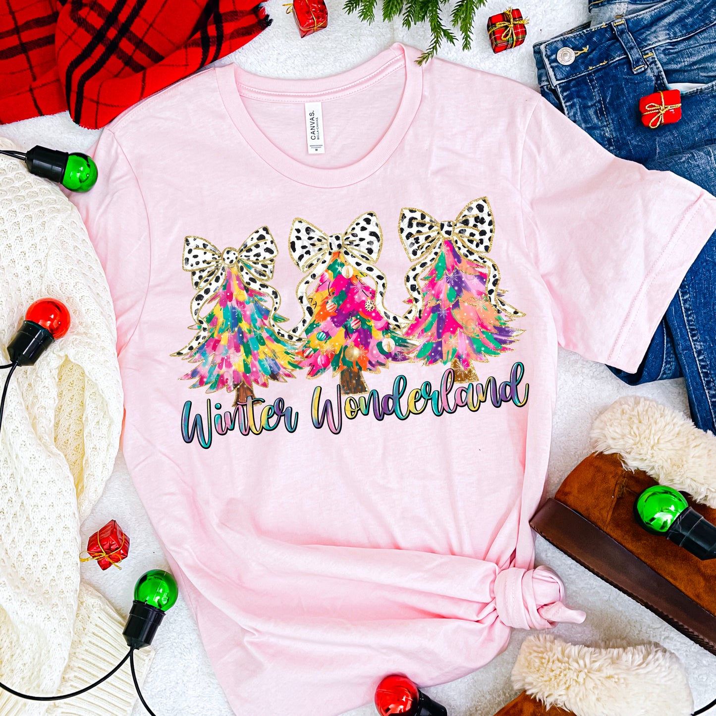 Winter Wonderland Bright Tie Dye Coquette Bows and trees