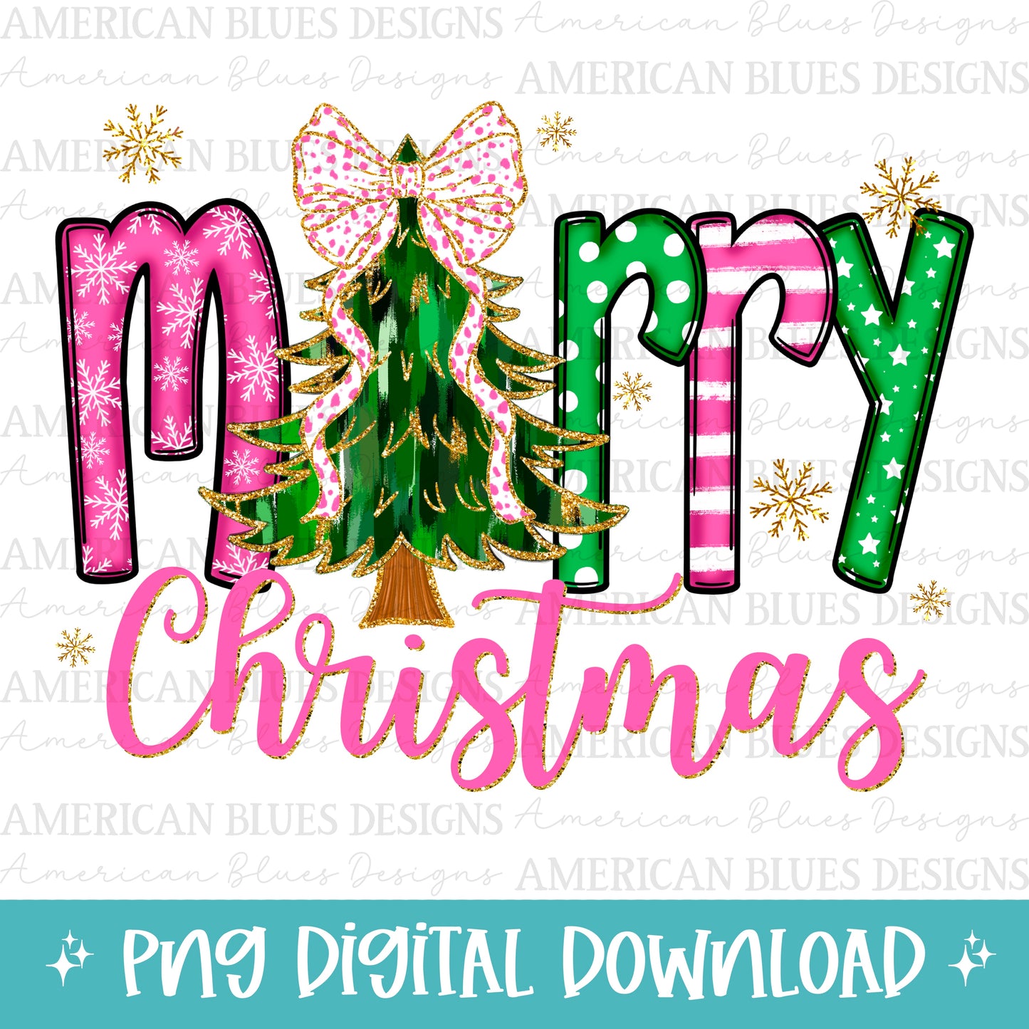 Merry Christmas pink, green and glitter digital design | American Blues Designs