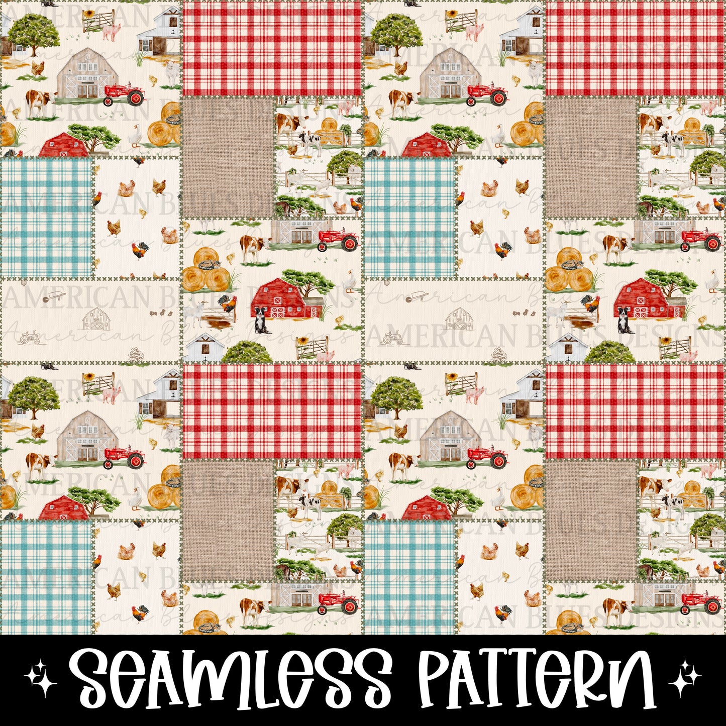 Red Barn and Farm seamless pattern