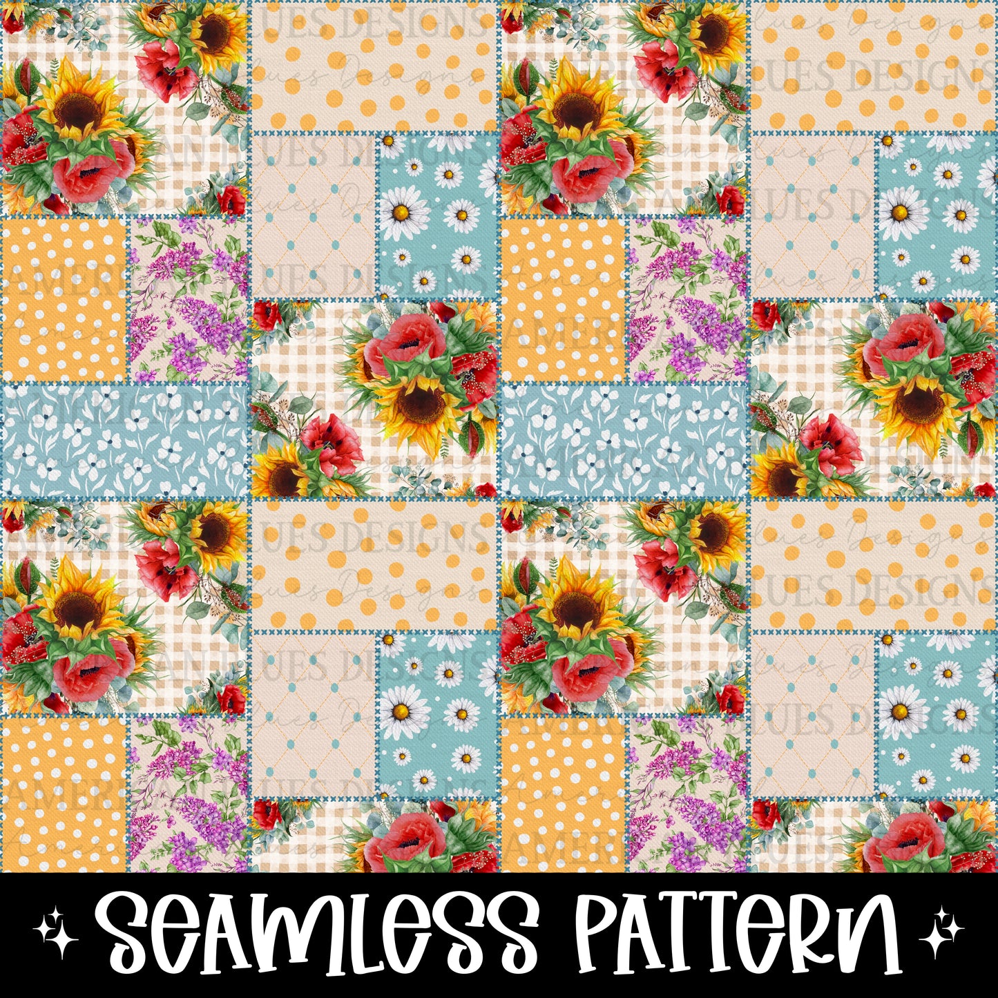 Farm Flowers Patchwork seamless pattern