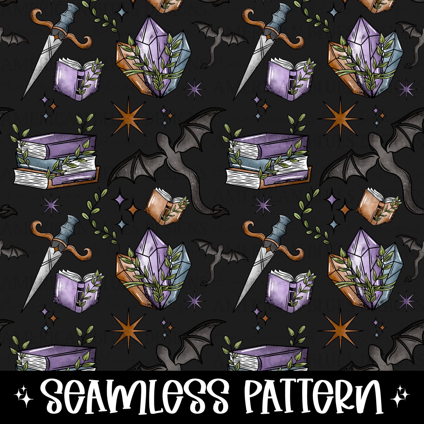 Fantasy Books & Dragon seamless pattern