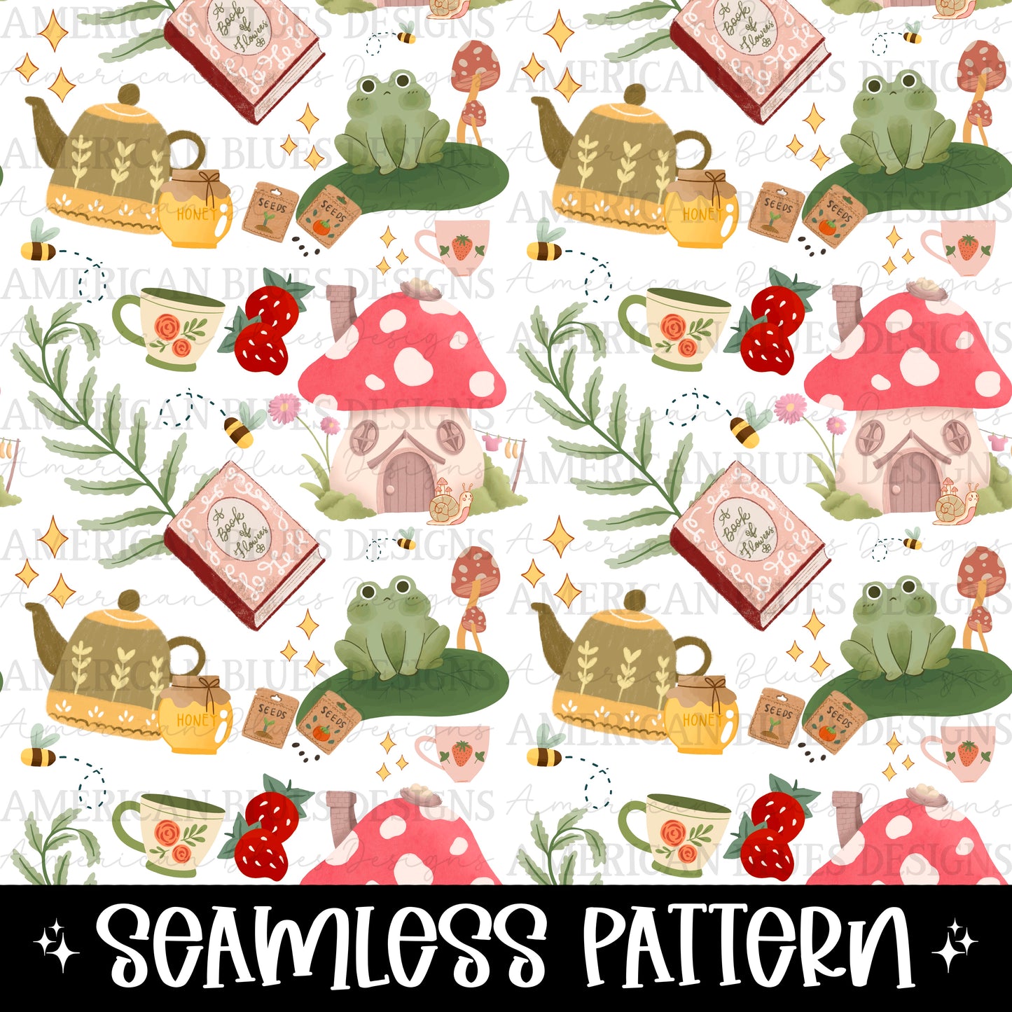 Mushroom Cottage seamless pattern