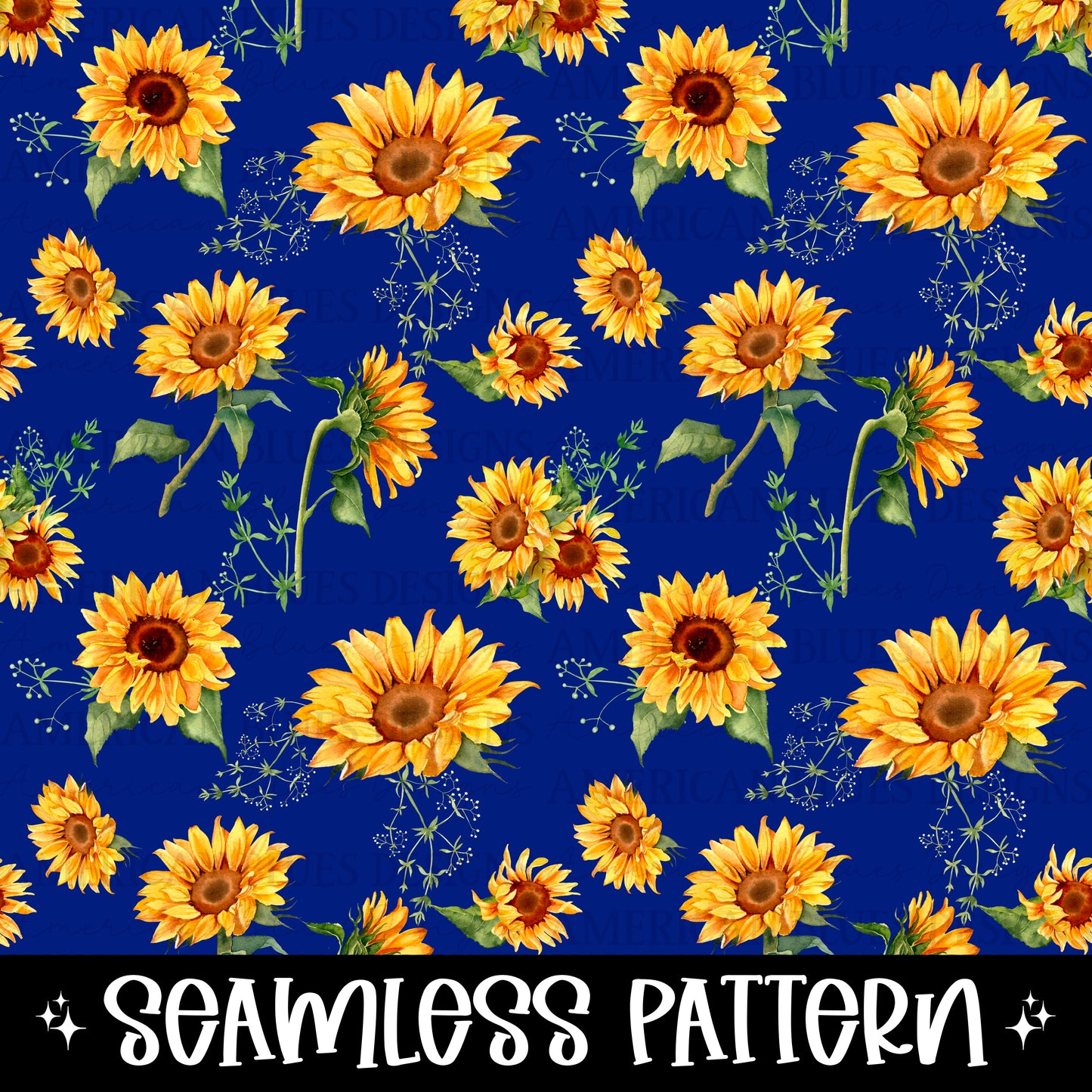 Sunflowers seamless pattern blue background