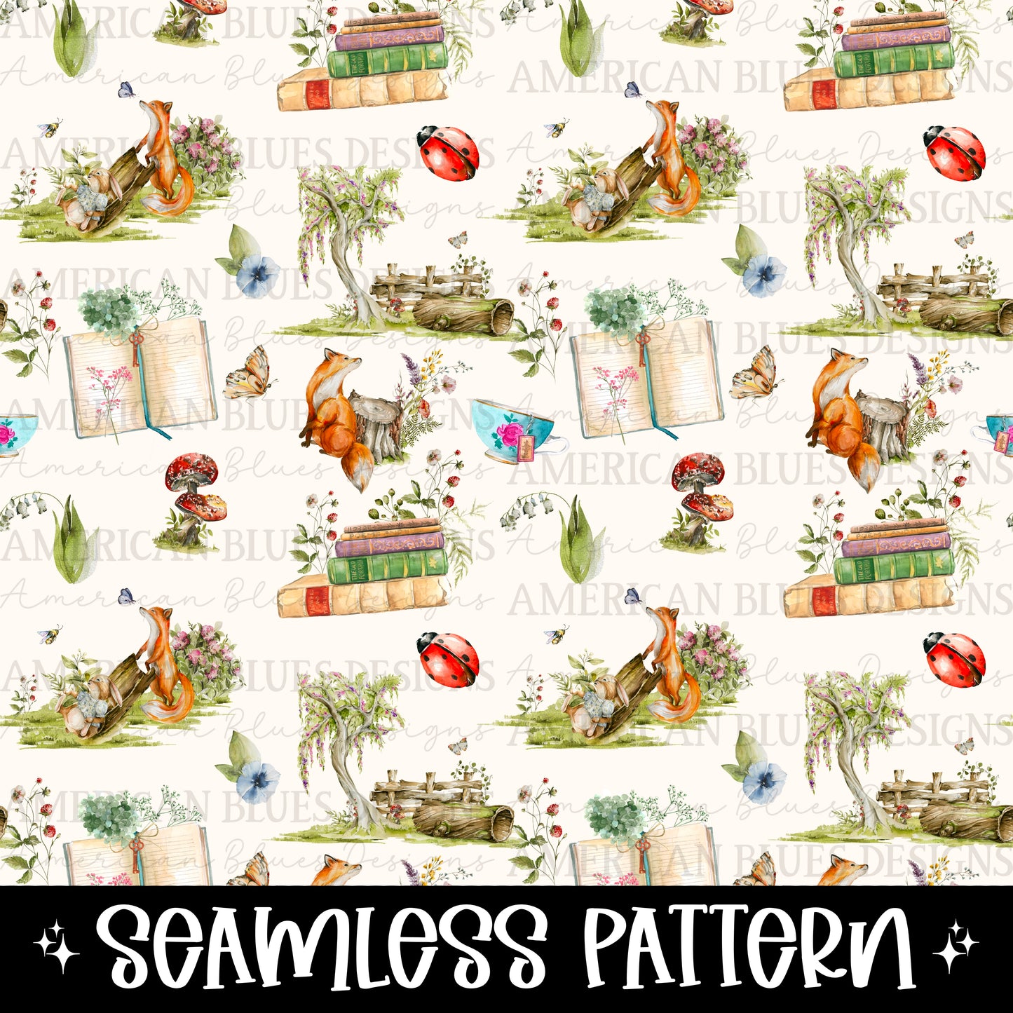 Forest Fox & Books Seamless