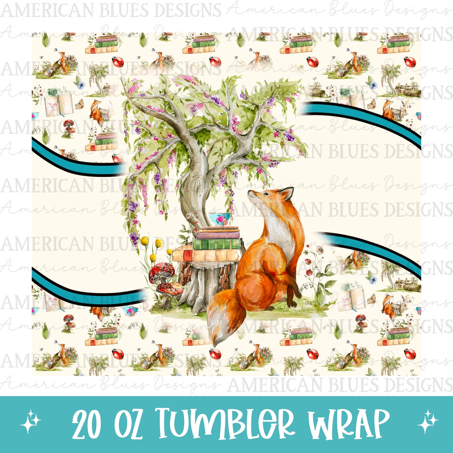 Forest Fox & Books 20oz tumbler wrap Version 1