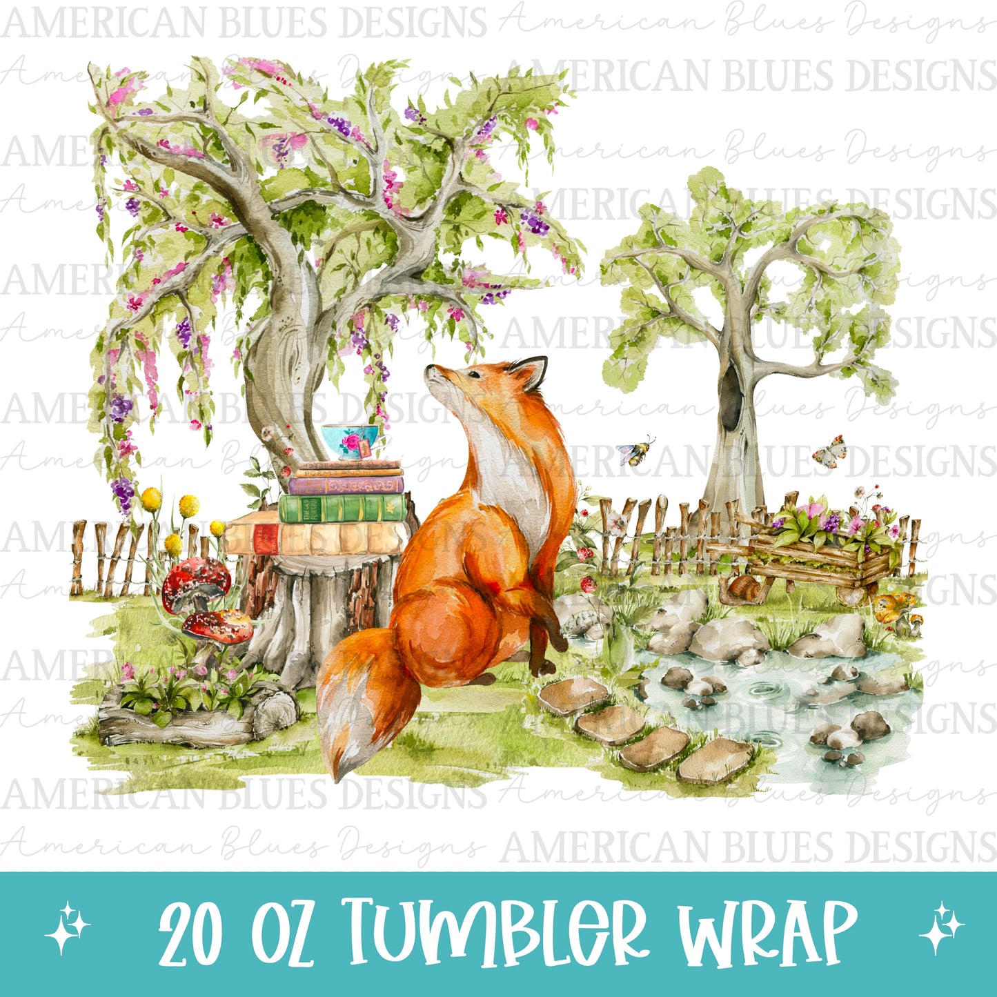 Forest Fox & Books 20oz tumbler wrap Version 2