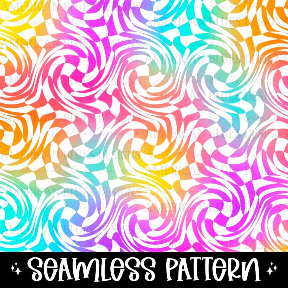 Colorful swirly checkered seamless pattern