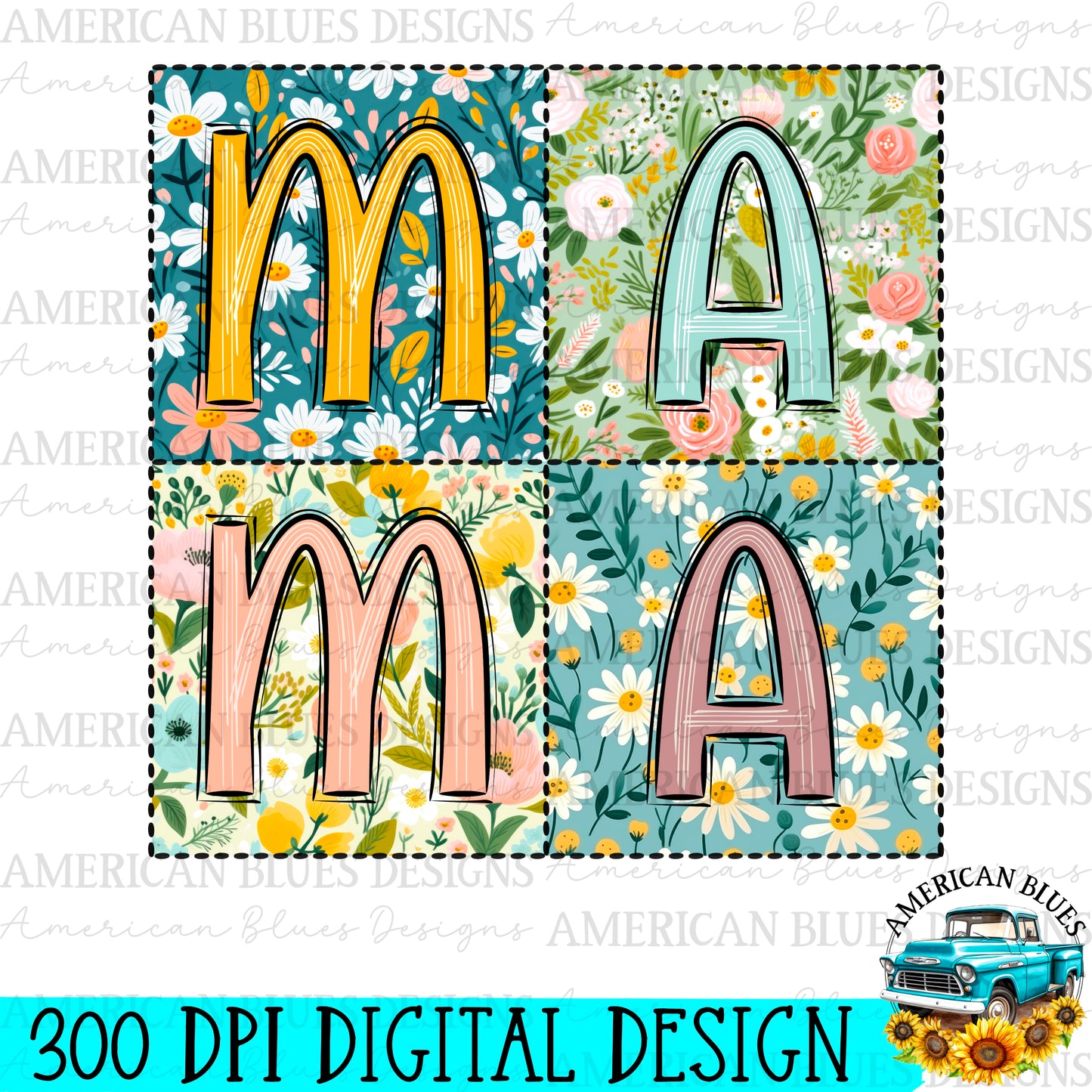 Mama -Vintage patchwork style digital design | American Blues Designs