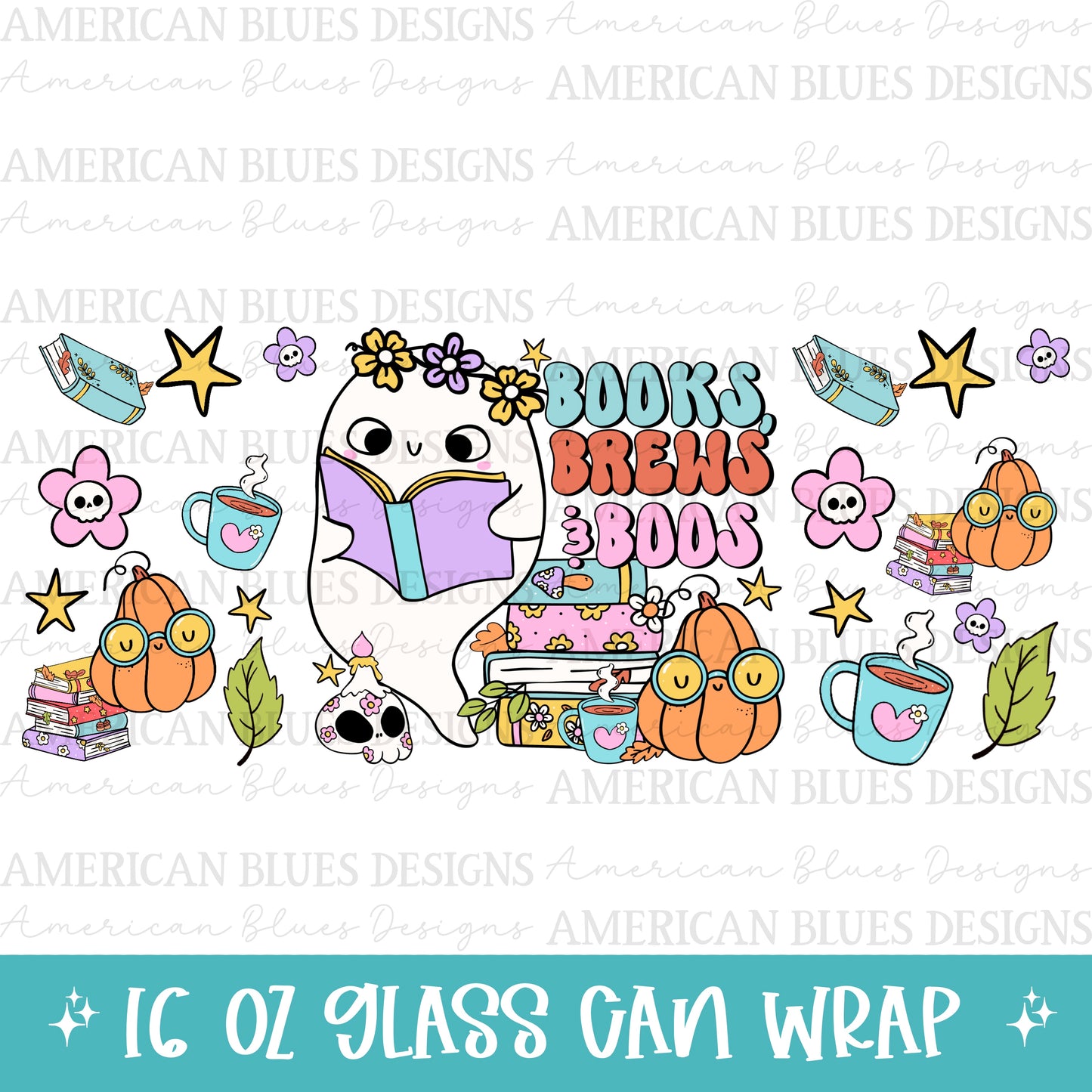 Books, Brews & Boos 16oz Glass Can Wrap
