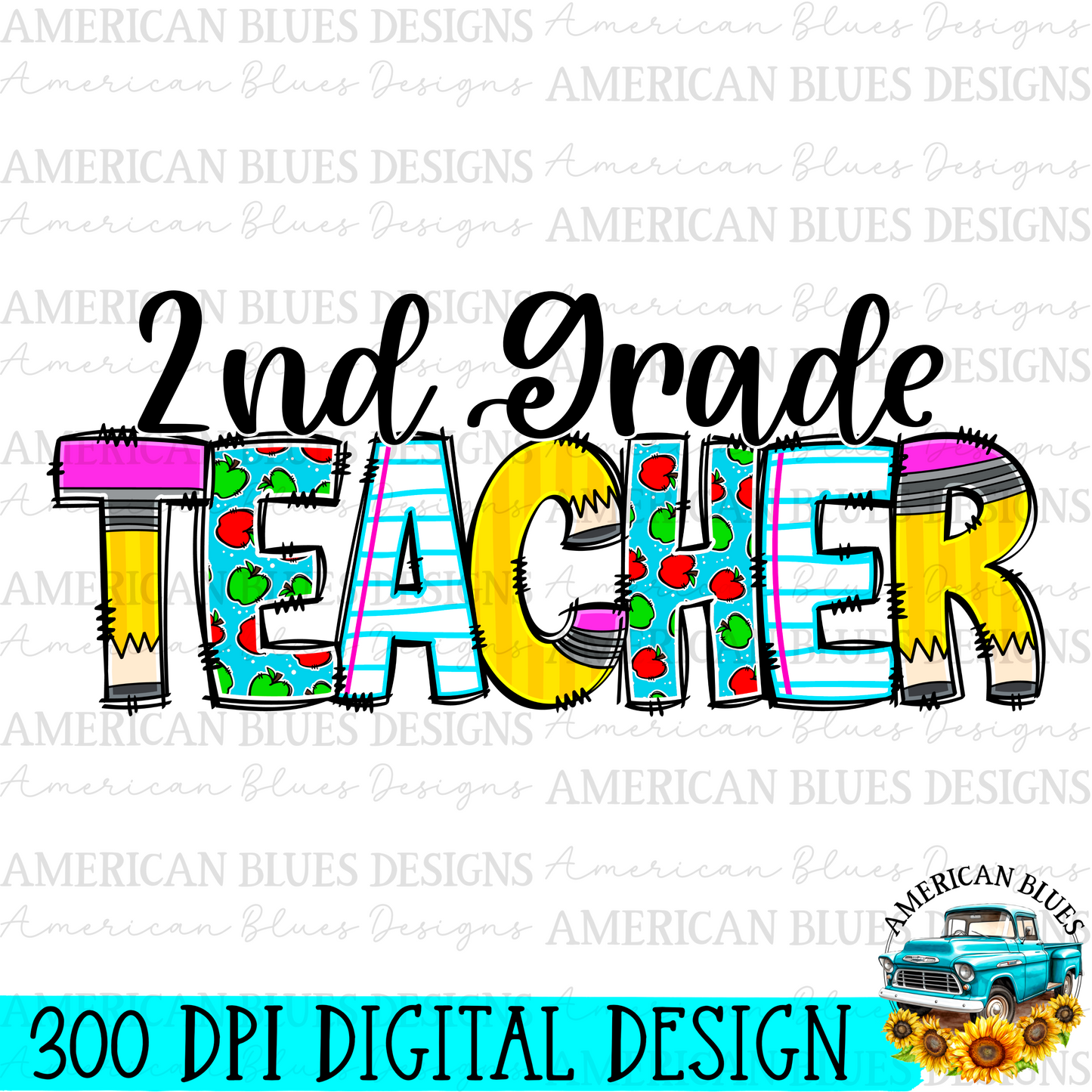 2nd grade Teacher digital design | American Blues Designs