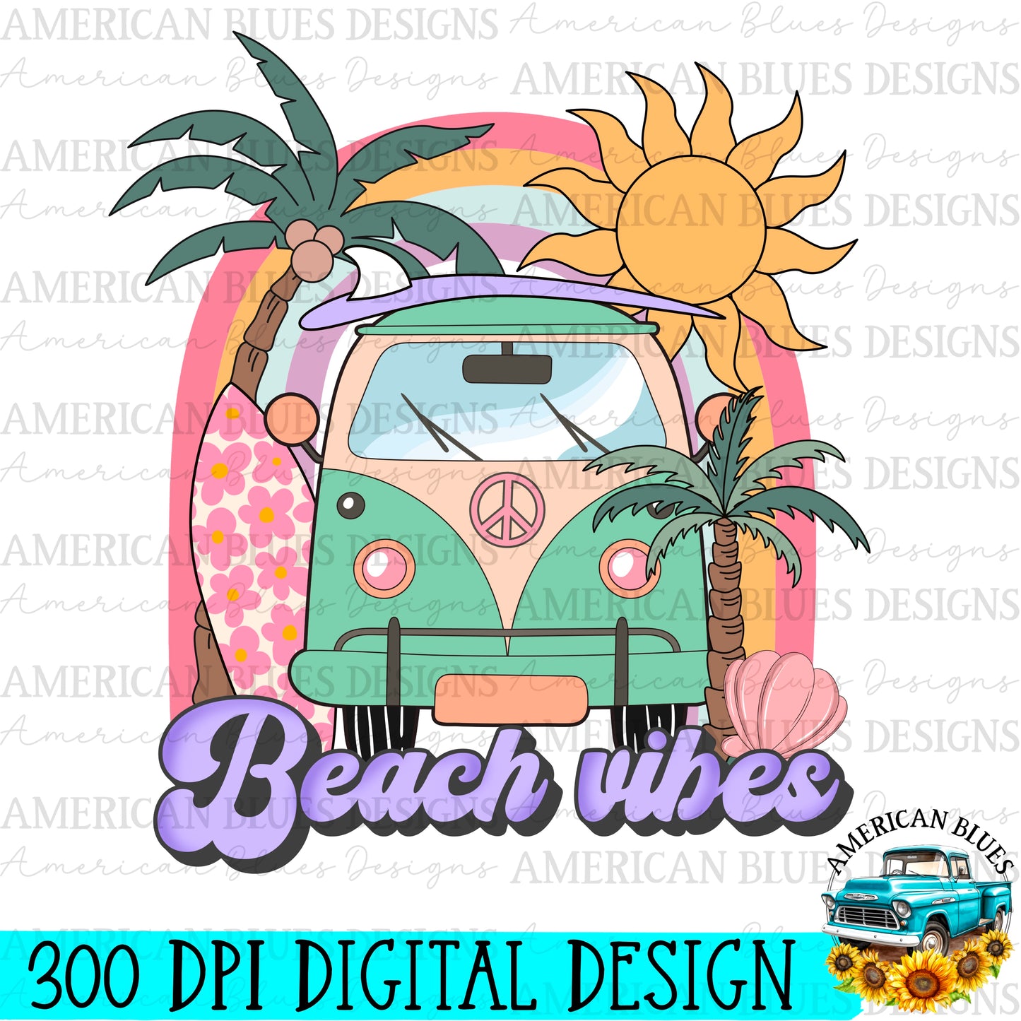 Beach Vibes- retro van digital design | American Blues Designs