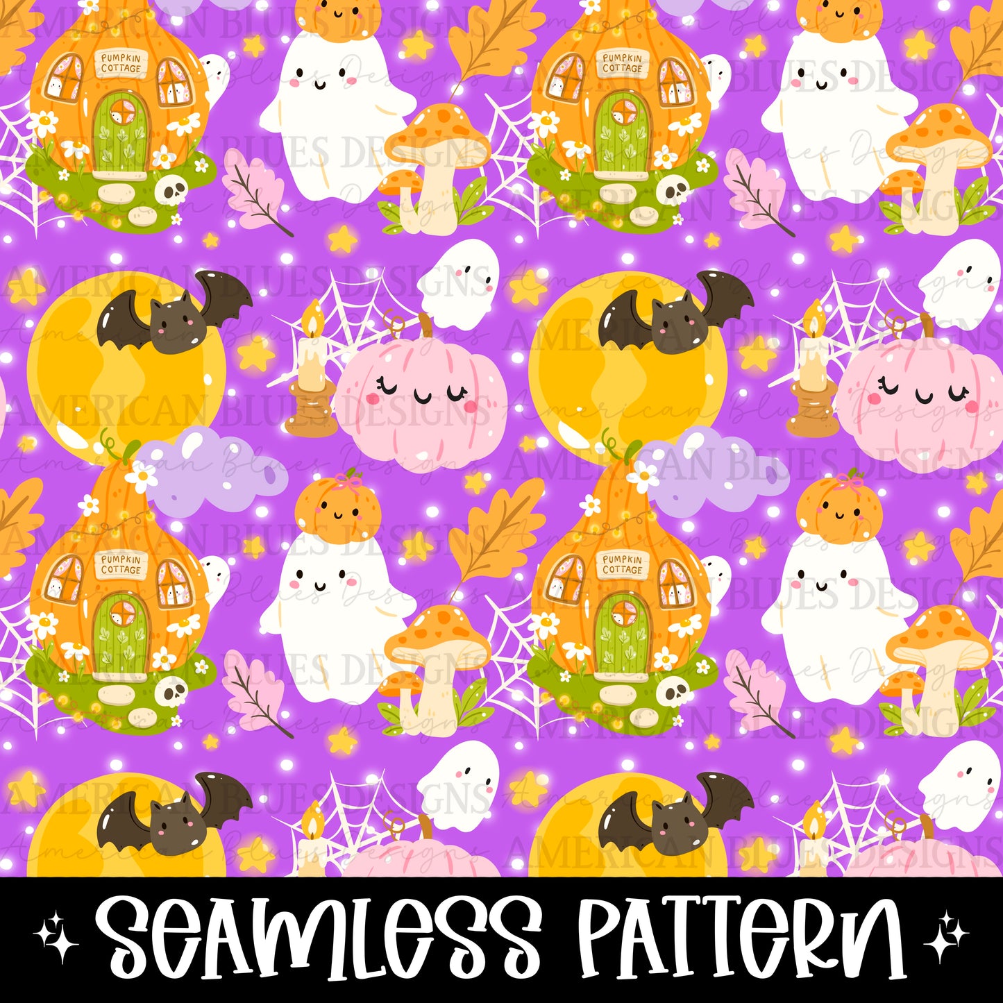 Pumpkin Cottage seamless pattern 2 colorways