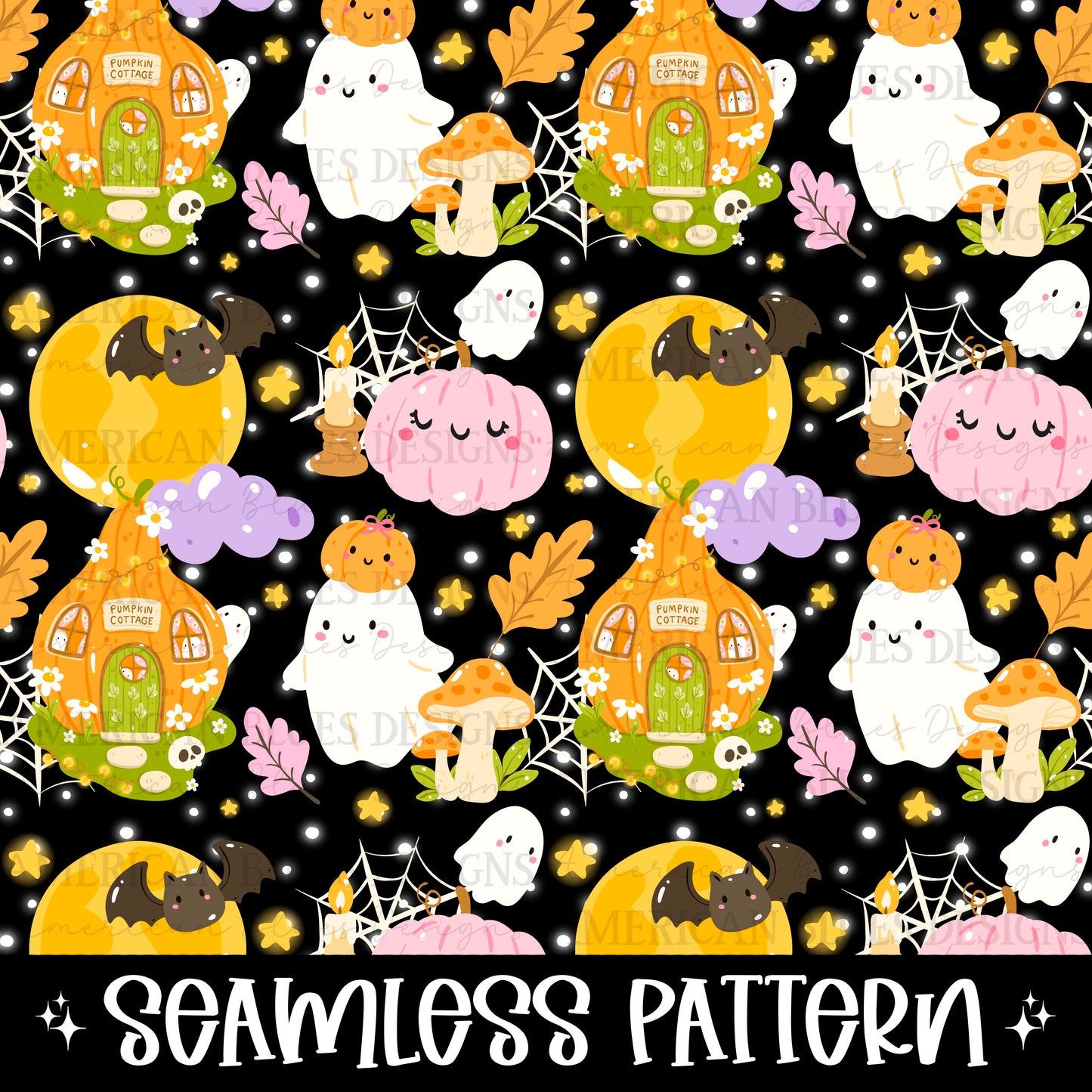 Pumpkin Cottage seamless pattern 2 colorways