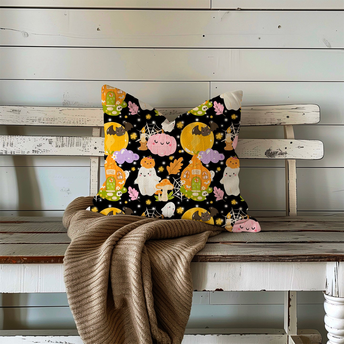 Pumpkin Cottage seamless pattern 2 colorways
