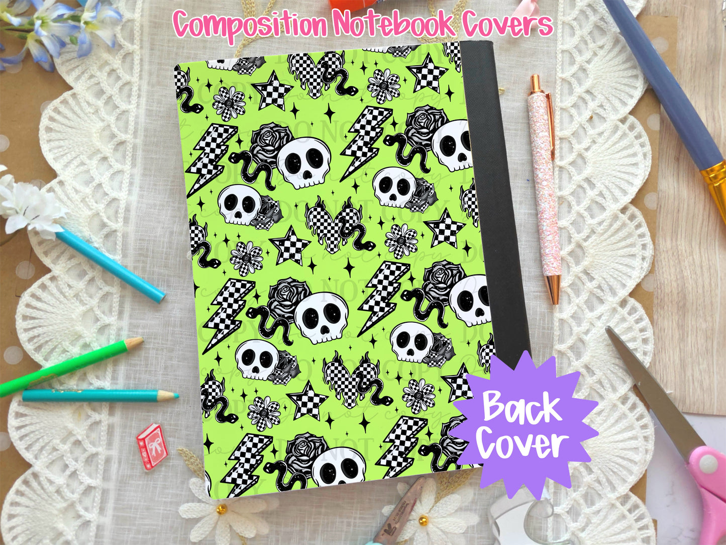Neon Green Skull & Snakes Composition Notebook Cover