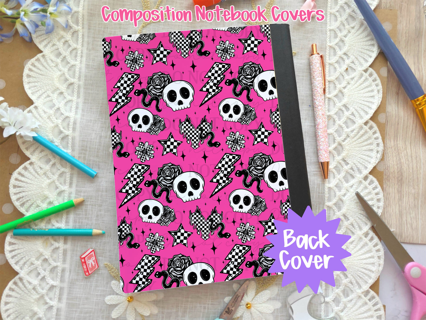 Neon Pink Skull & Snakes Composition Notebook Cover