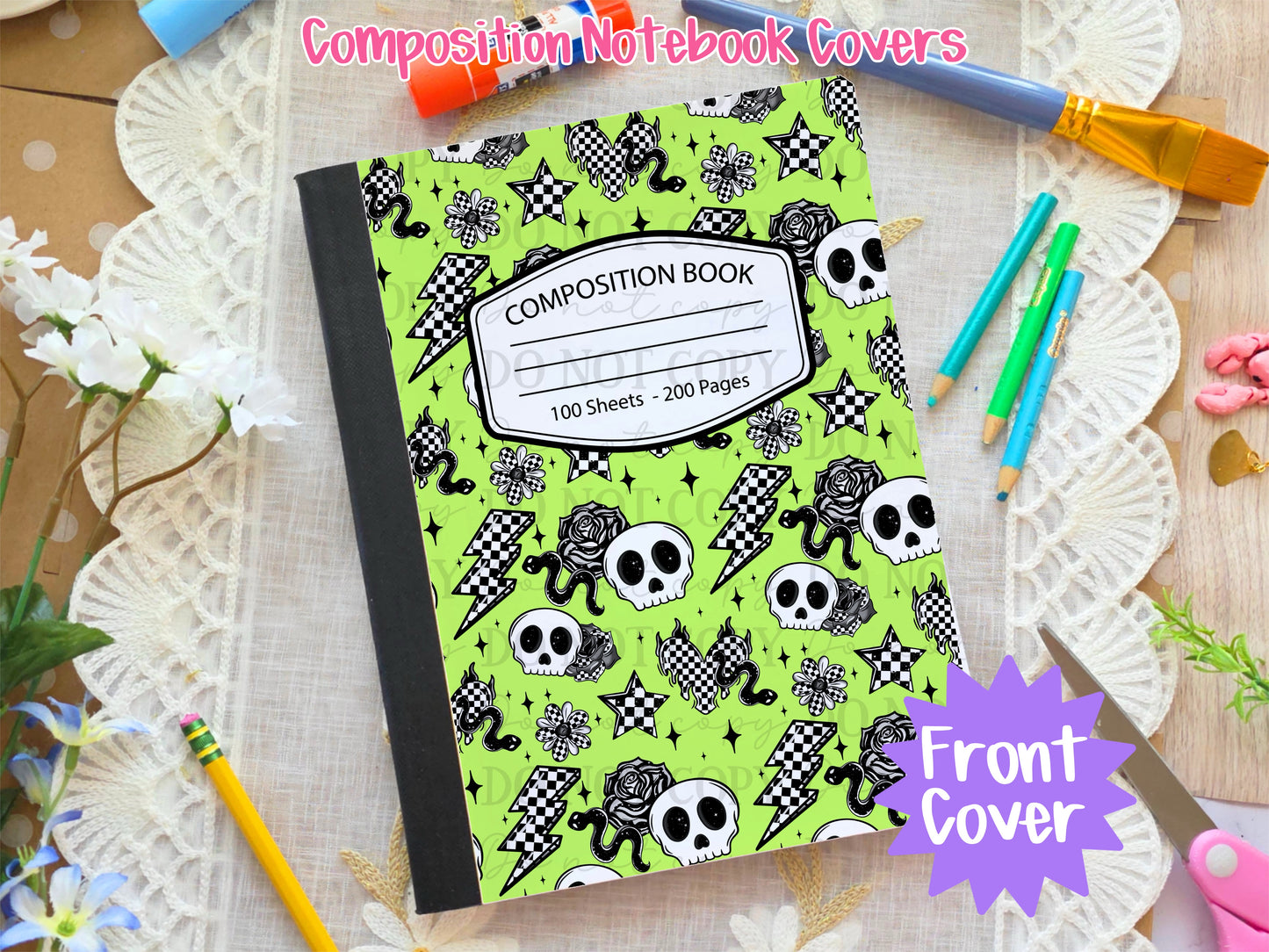 Neon Green Skull & Snakes Composition Notebook Cover