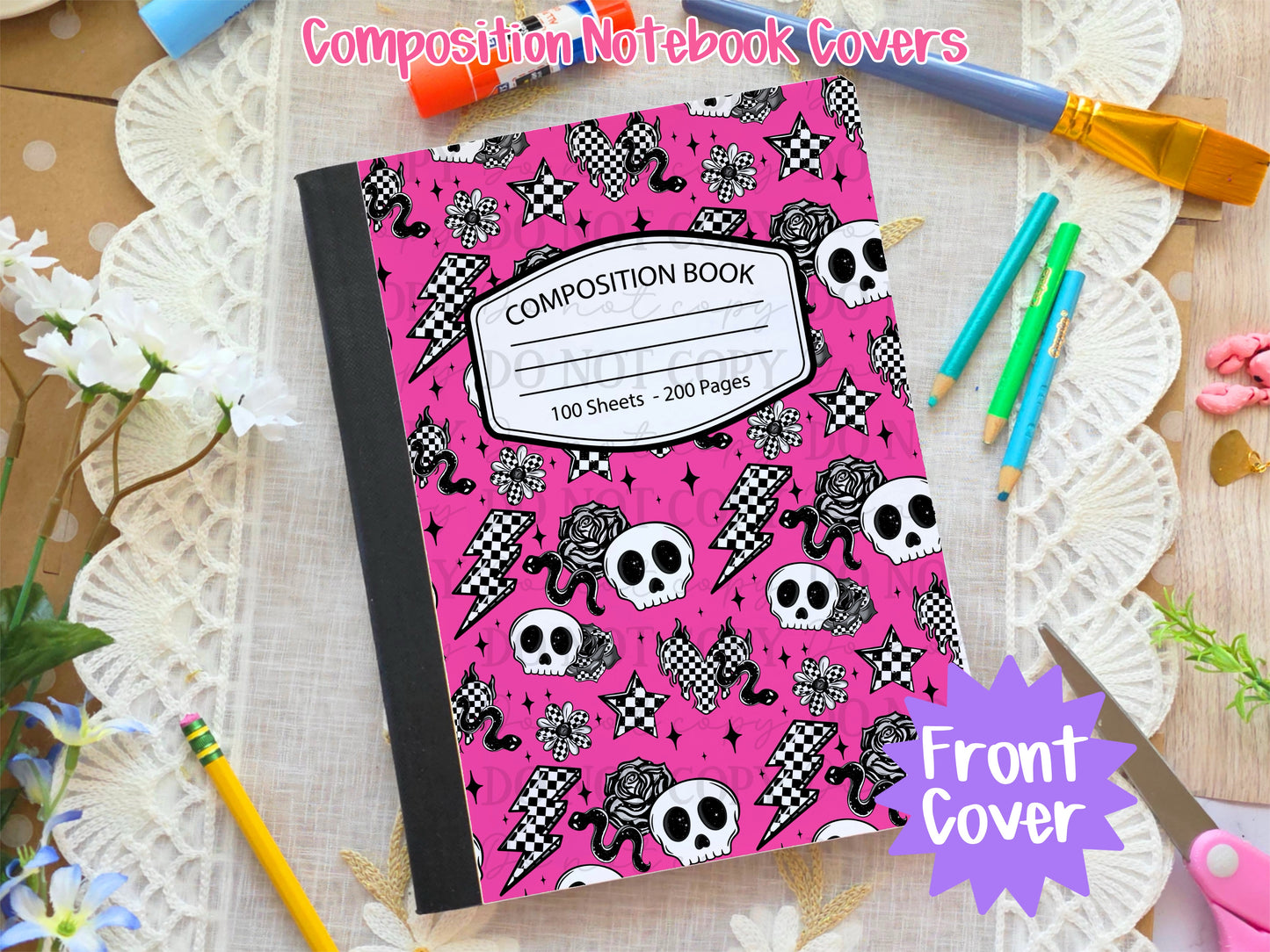 Neon Pink Skull & Snakes Composition Notebook Cover