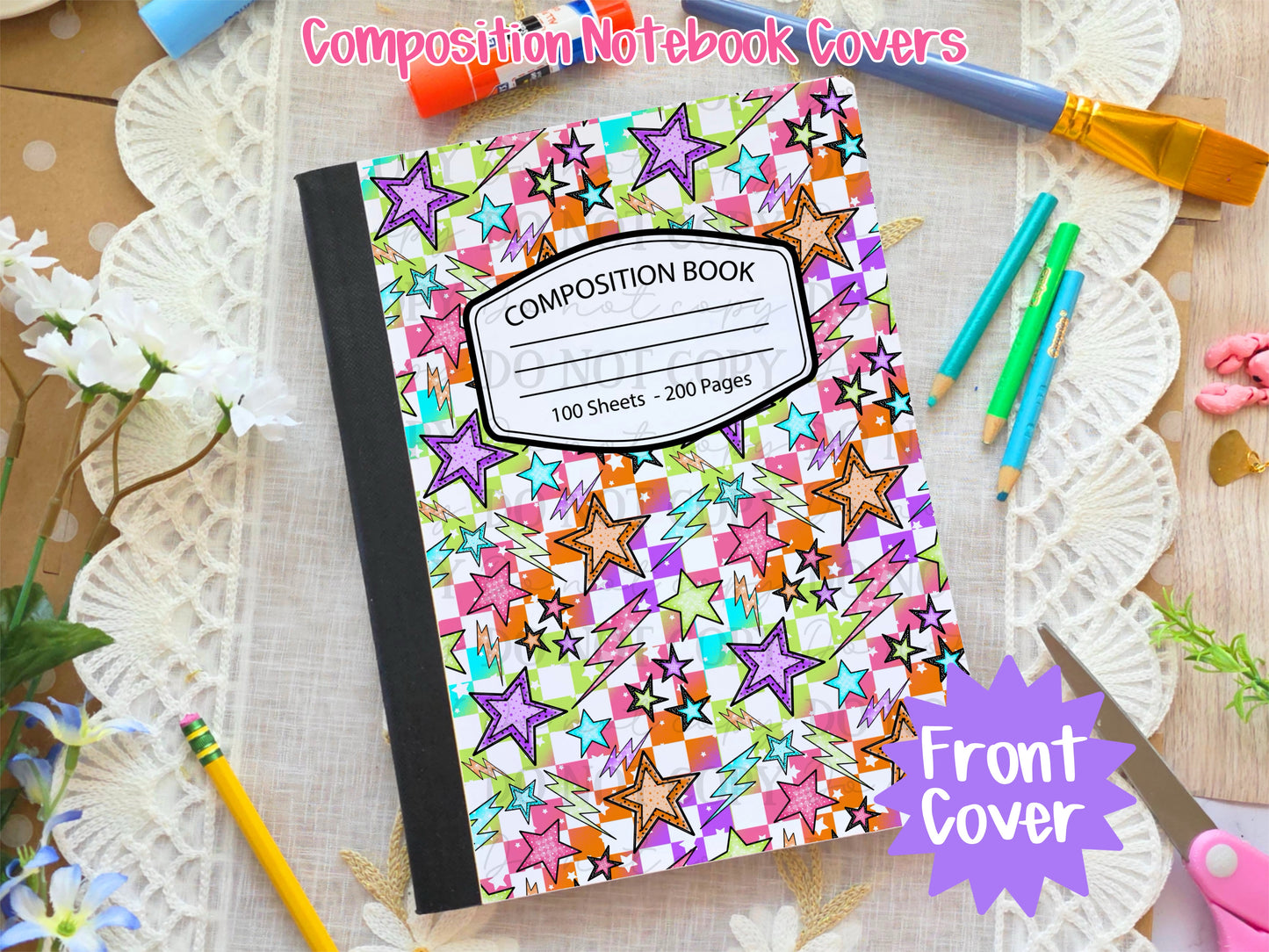 Neon Stars & Lightning Bolts Composition Notebook Cover