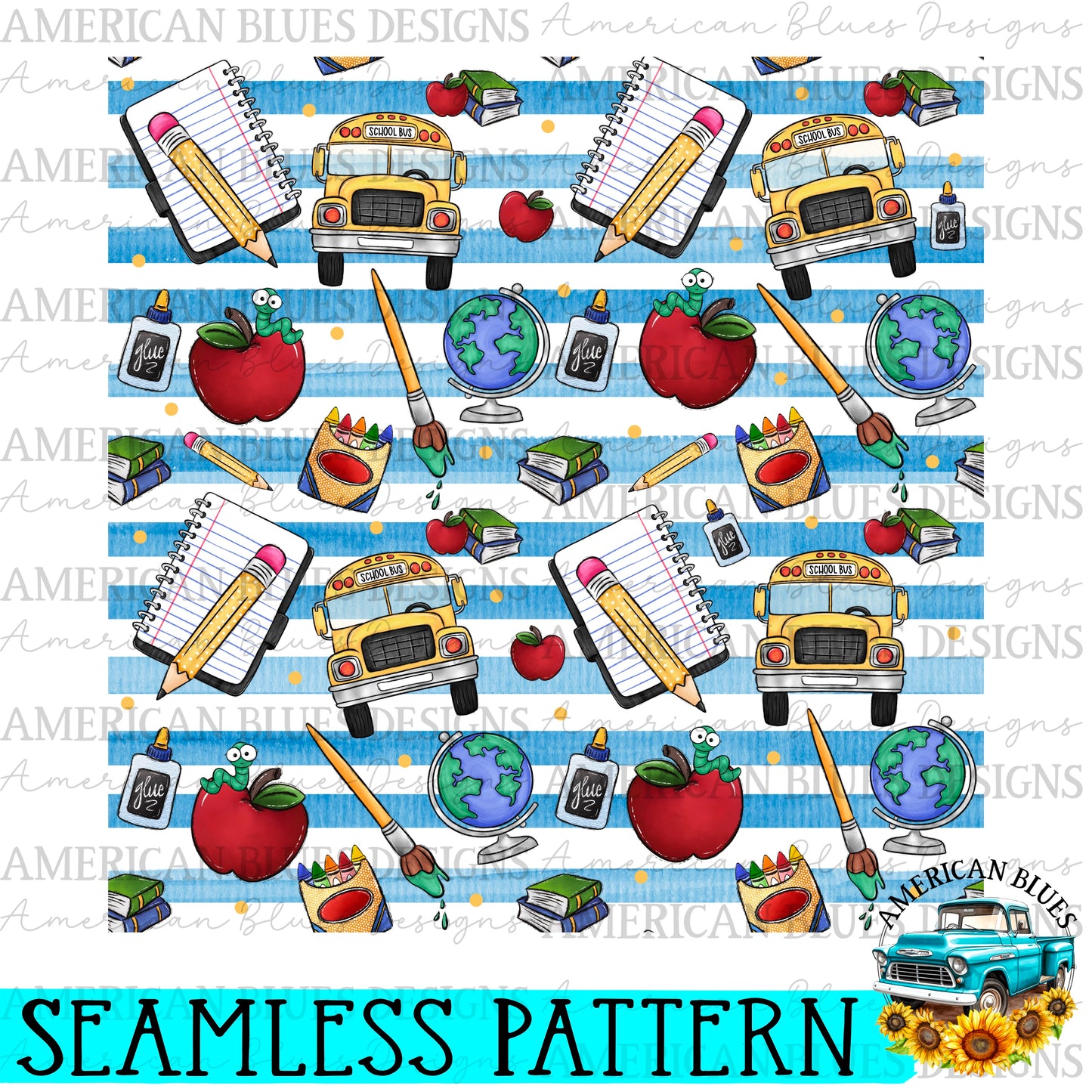 School Things Seamless pattern digital design | American Blues Designs