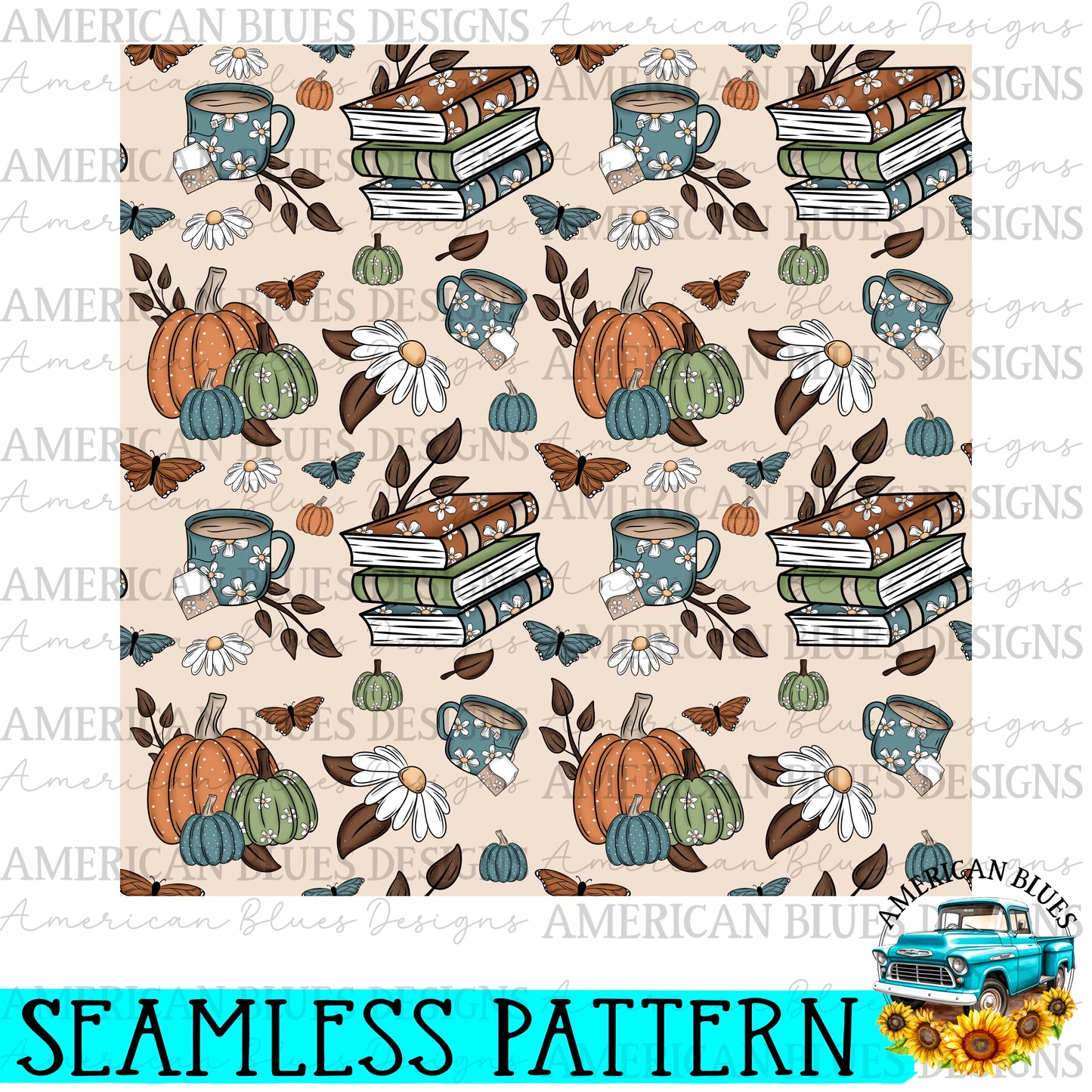 Cozy Fall Book Seamless Pattern Digital Design | American Blues Designs