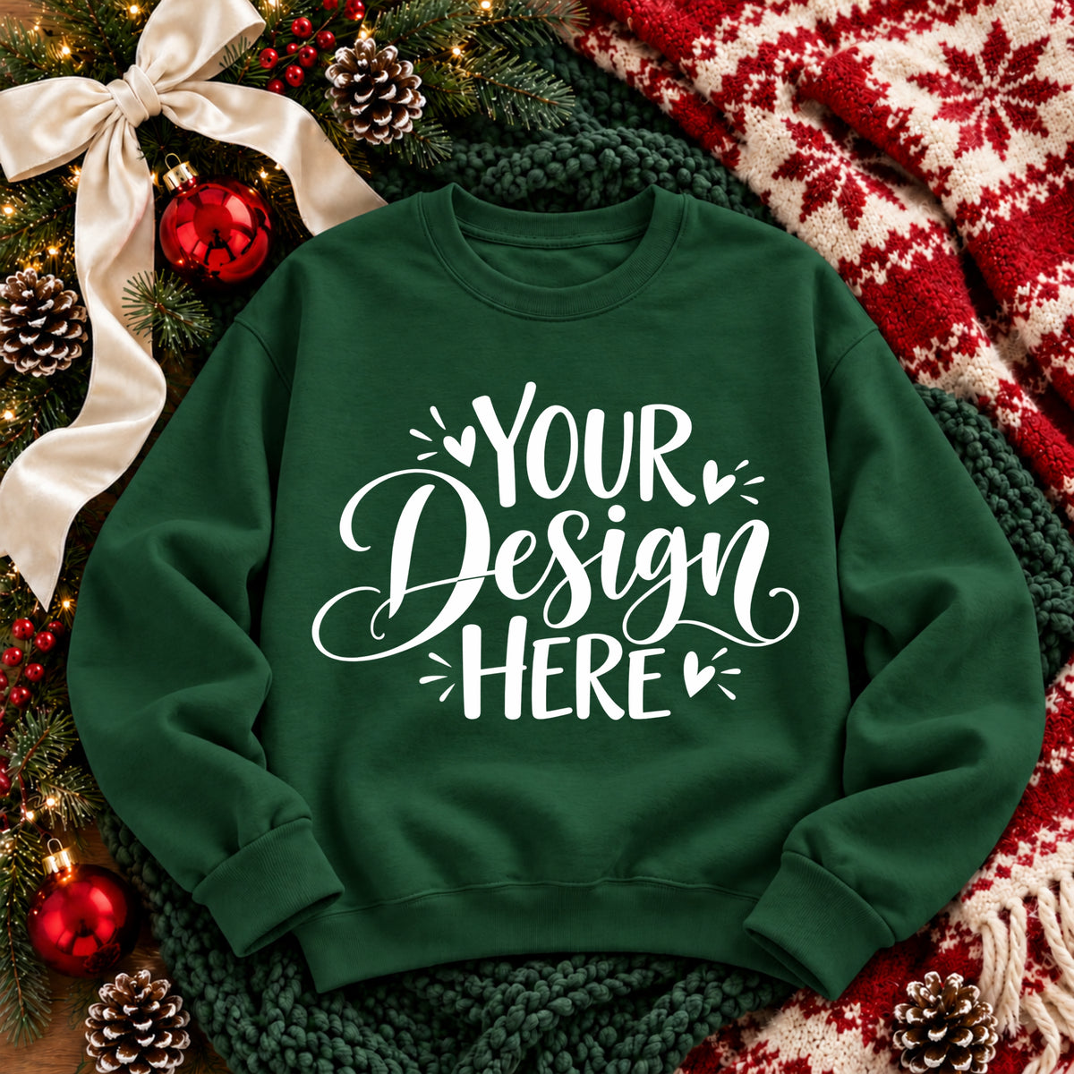 Christmas Crewneck Flat Lay Forest Green