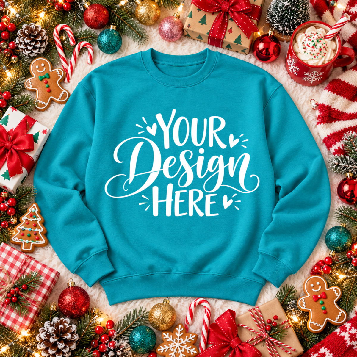 Christmas Crewneck Flat Lay Teal Blue