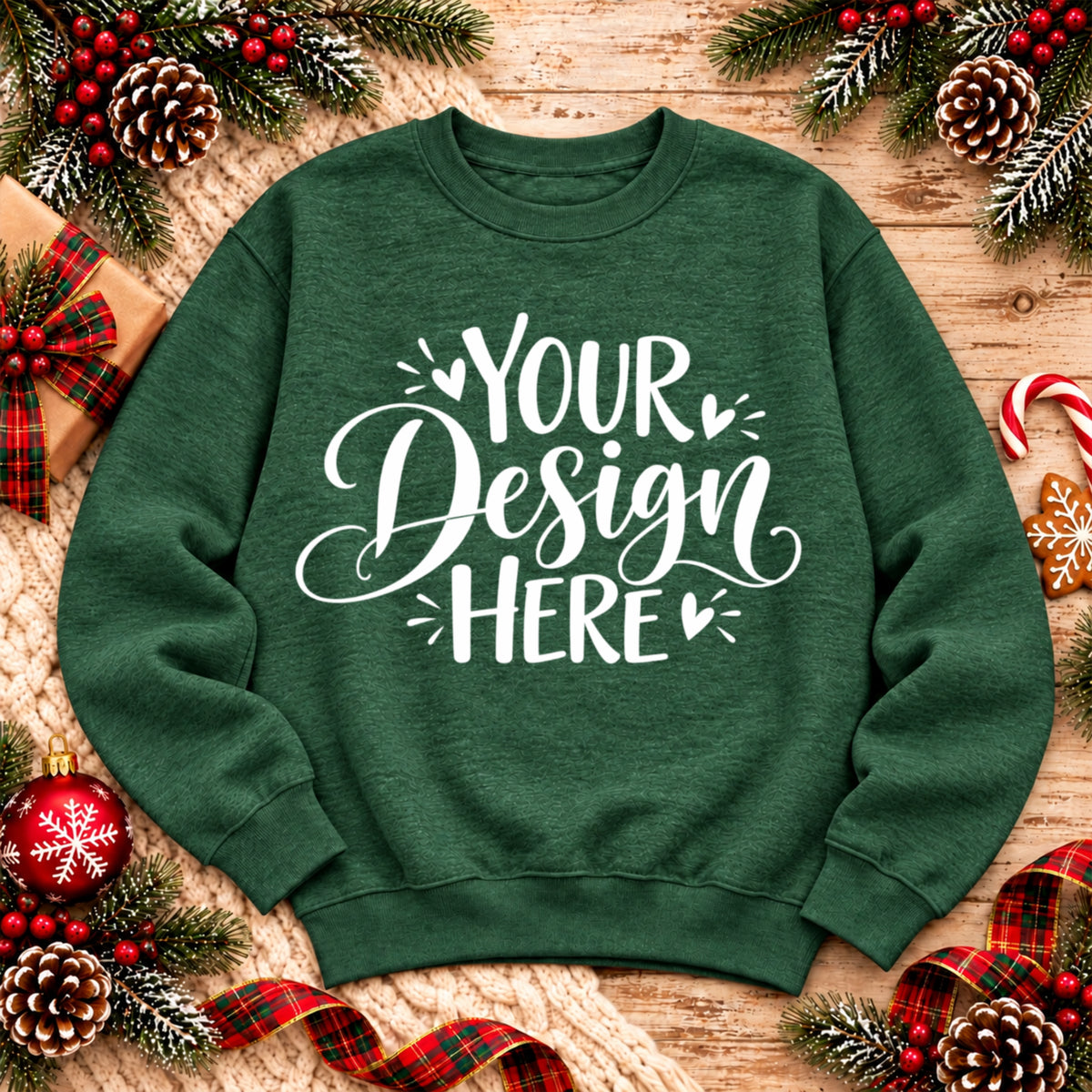 Christmas Crewneck Flat Lay Forest Green