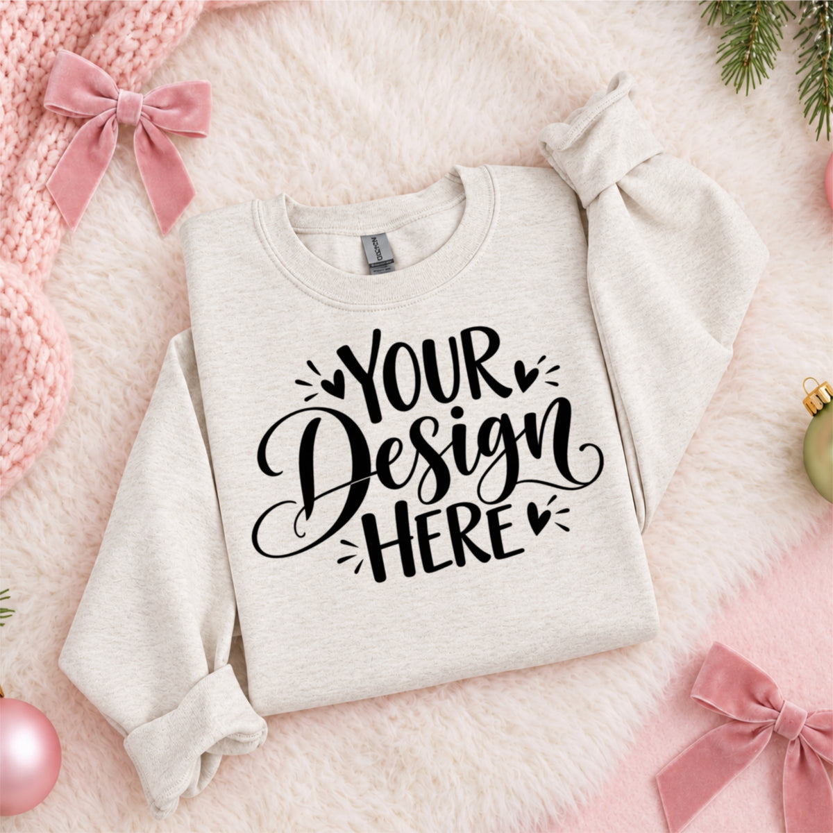 Christmas Crewneck Flat Lay Folded Oatmeal