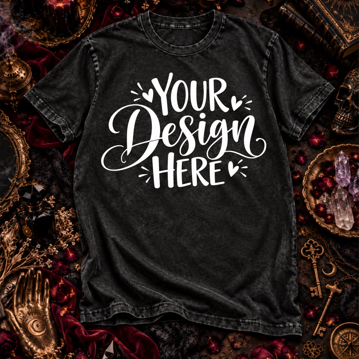 Dark Academia T-Shirt Mockup โ Black Acid Wash Gothic Flat Lay