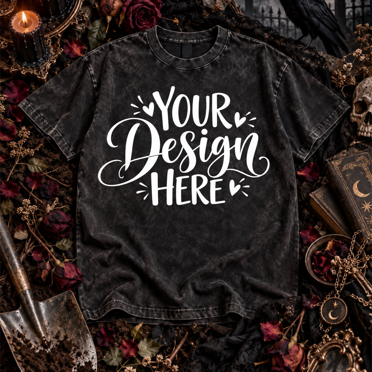 Gothic Witchy T-Shirt Mockup โ Black Acid Wash Flat Lay
