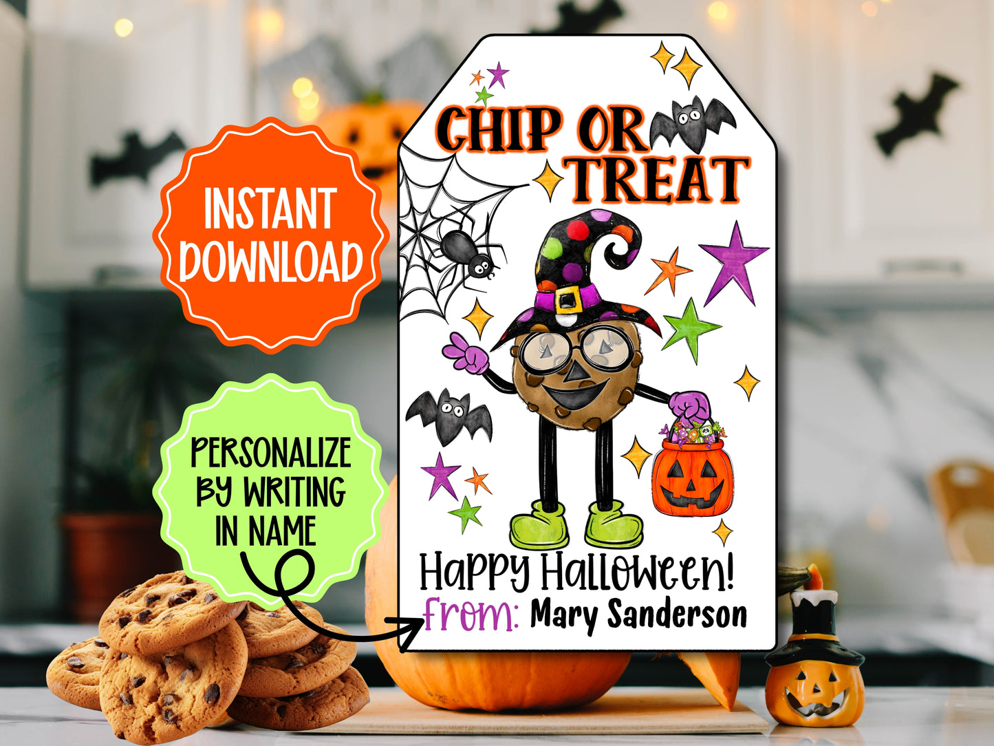 Chip or Treat – Halloween Treat Tag, Printable Cookie Tag for Kids, Trick or Treat Bag Tag, Halloween Party Favor Tag, Boo Basket Label, Class Gift Tag, PDF Download