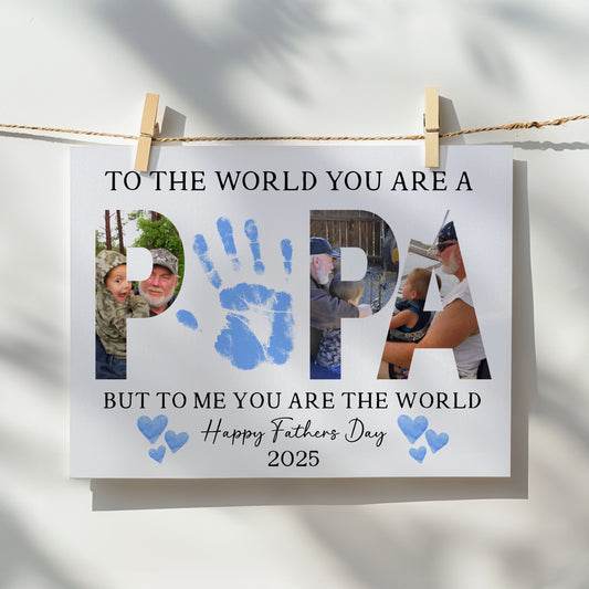 Editable Father’s Day Handprint Printable – “To the World You Are a Papa” | Custom Photo & Handprint Art | Instant Download | Canva Template