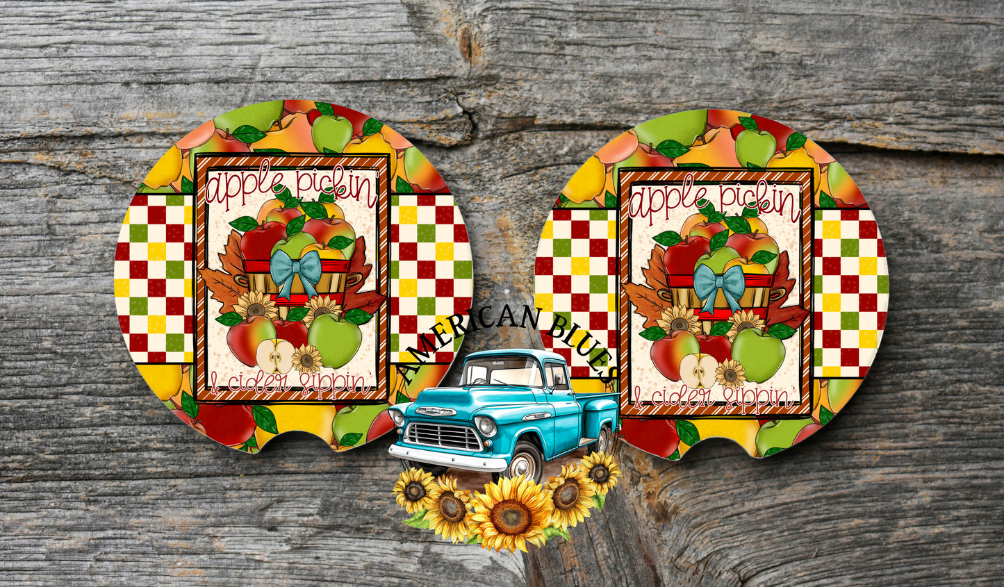 Apple pickin' & cider sippin' car coaster digital design | American Blues Designs