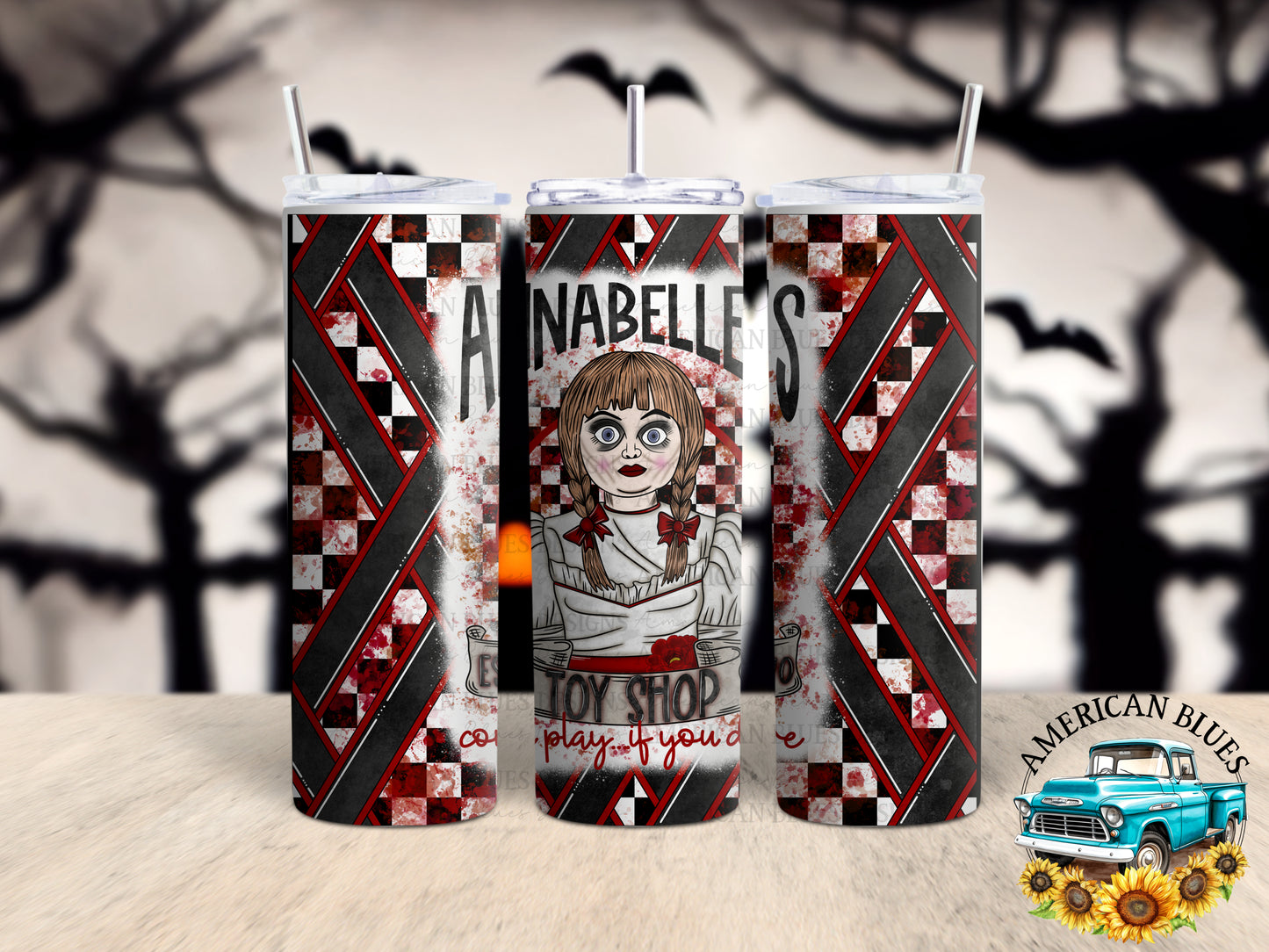 Annabelle's Toy Shop 20 oz tumbler wrap digital design | American Blues Designs