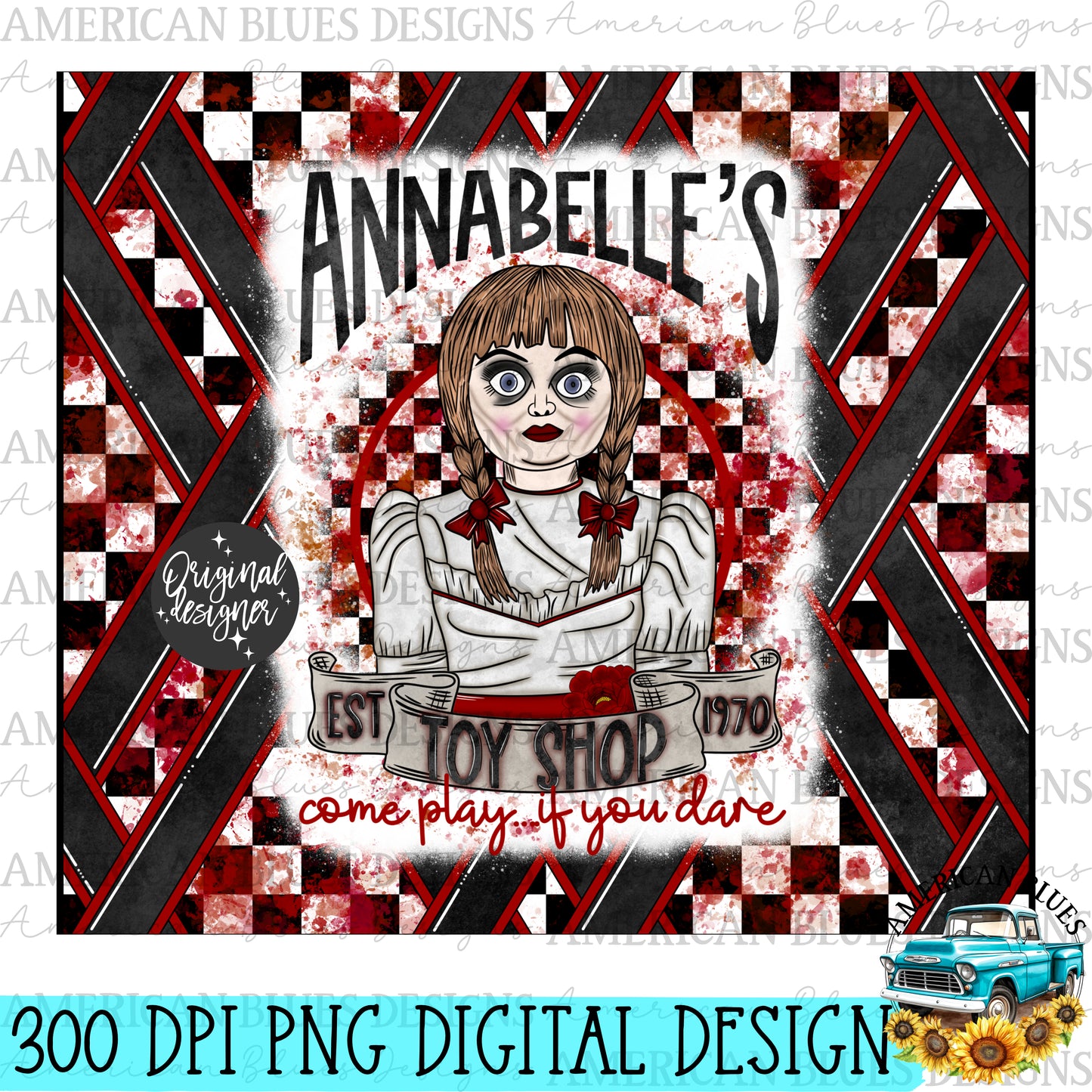 Annabelle's Toy Shop 20 oz tumbler wrap digital design | American Blues Designs