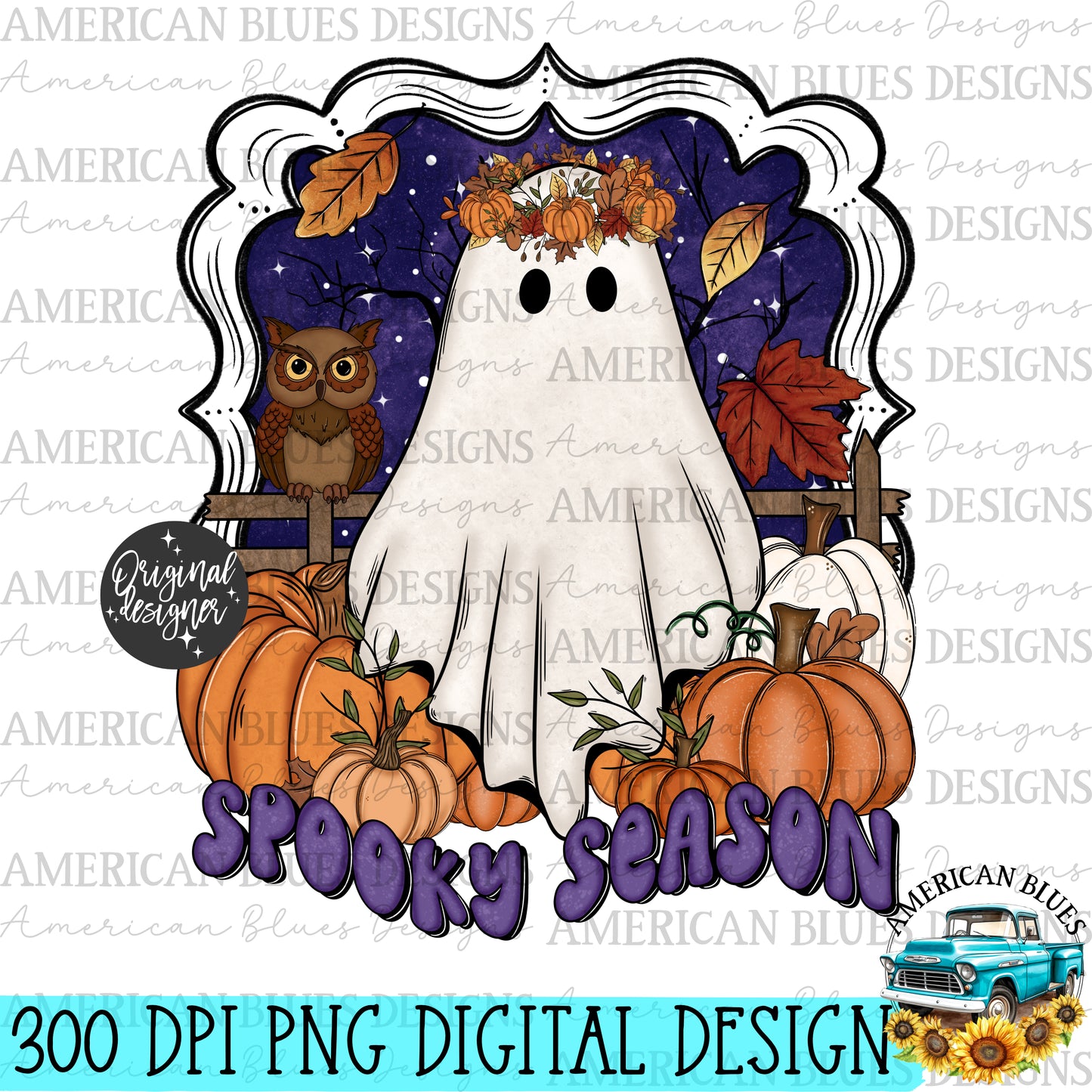 Spooky Season ghostie & owl digital design | American Blues Designs