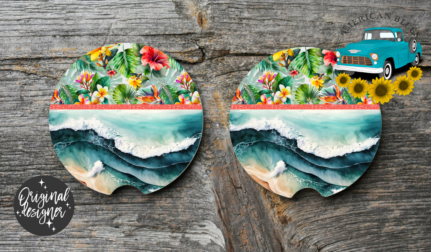 Tropical Beach and flora car coaster