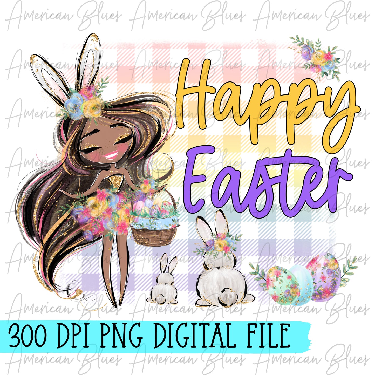 Happy Easter girl with dark hair and skin- DIGITAL