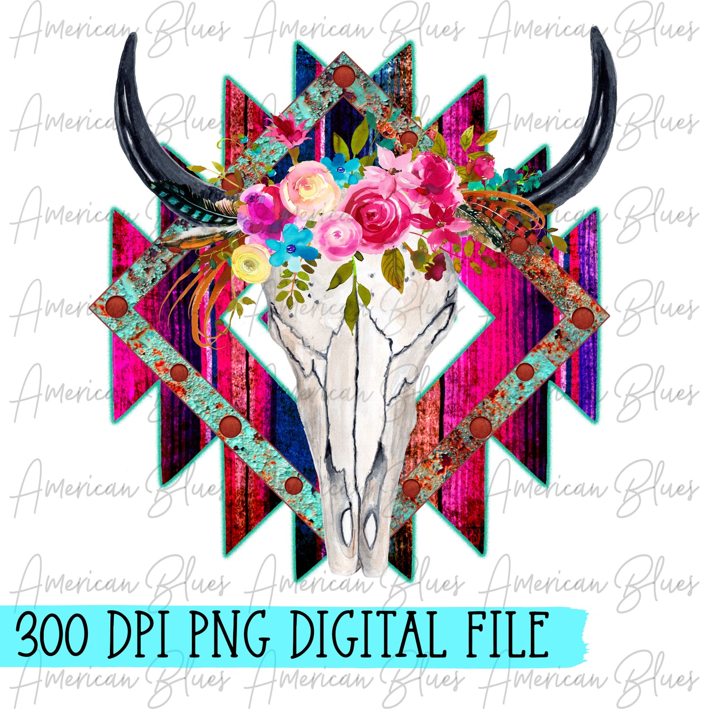 Neon Aztec Bull Skull DIGITAL