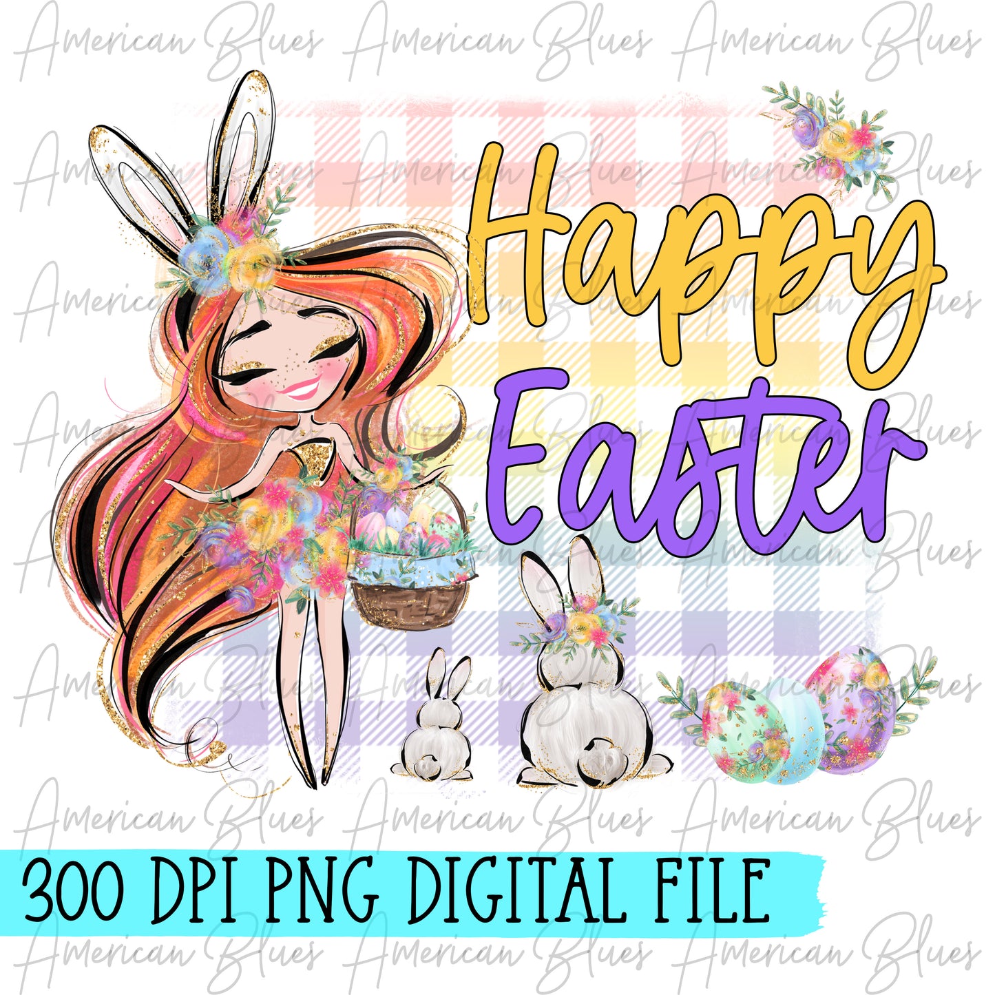 Happy Easter girl with red hair- DIGITAL