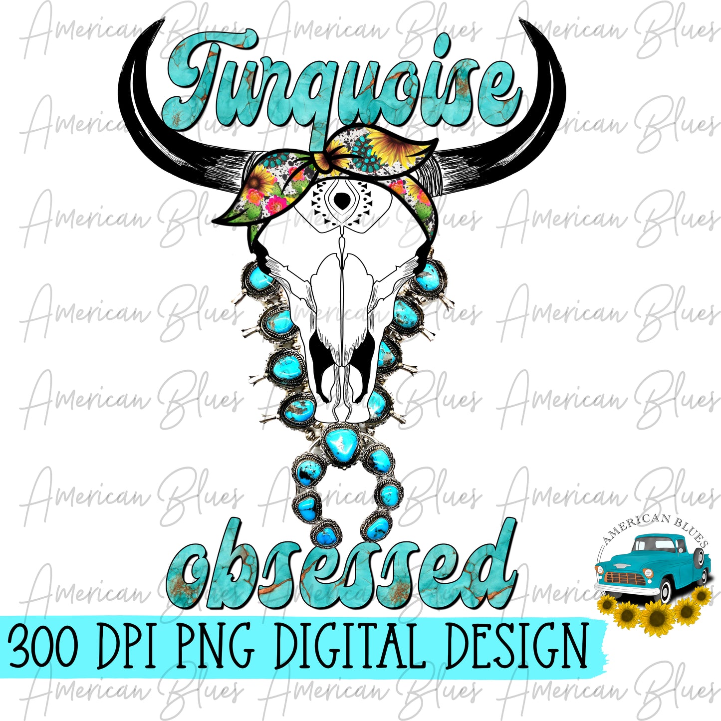 Turquoise Obsessed- cow skull