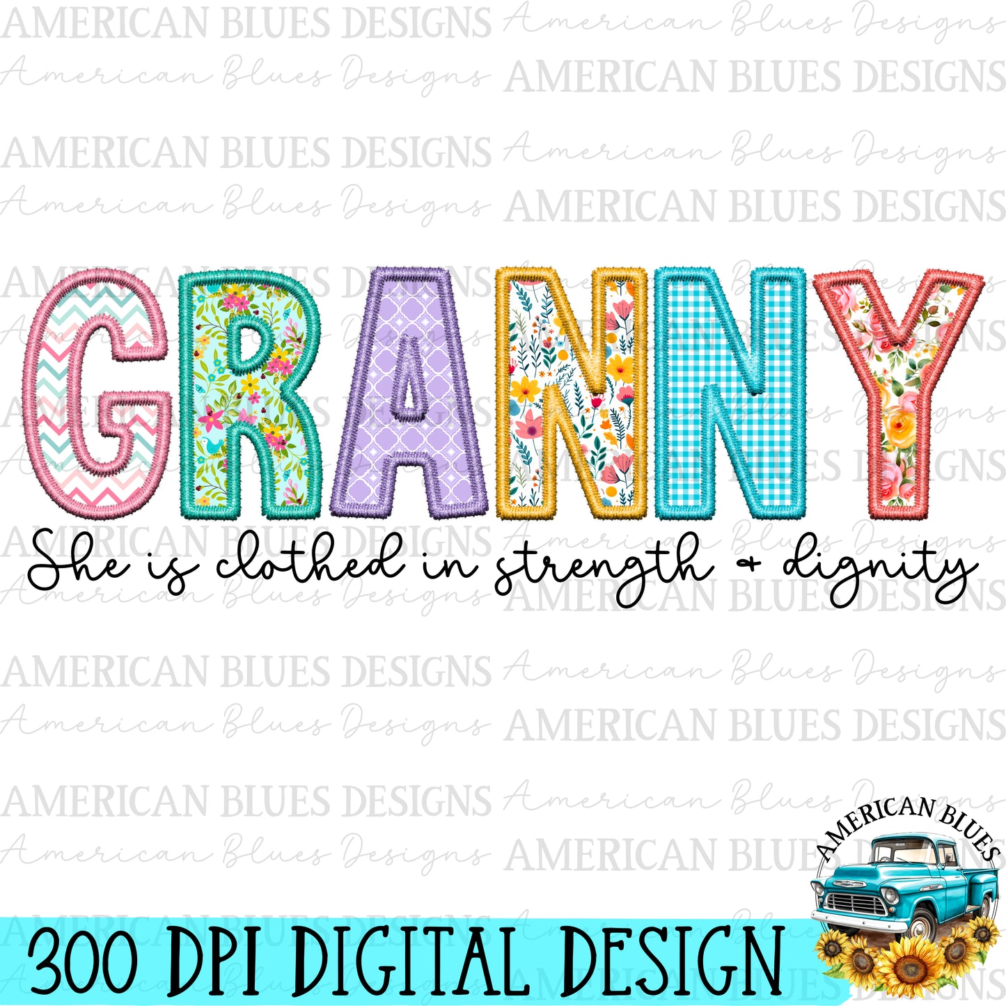 Granny- Spring embroidered name digital design | American Blues Designs