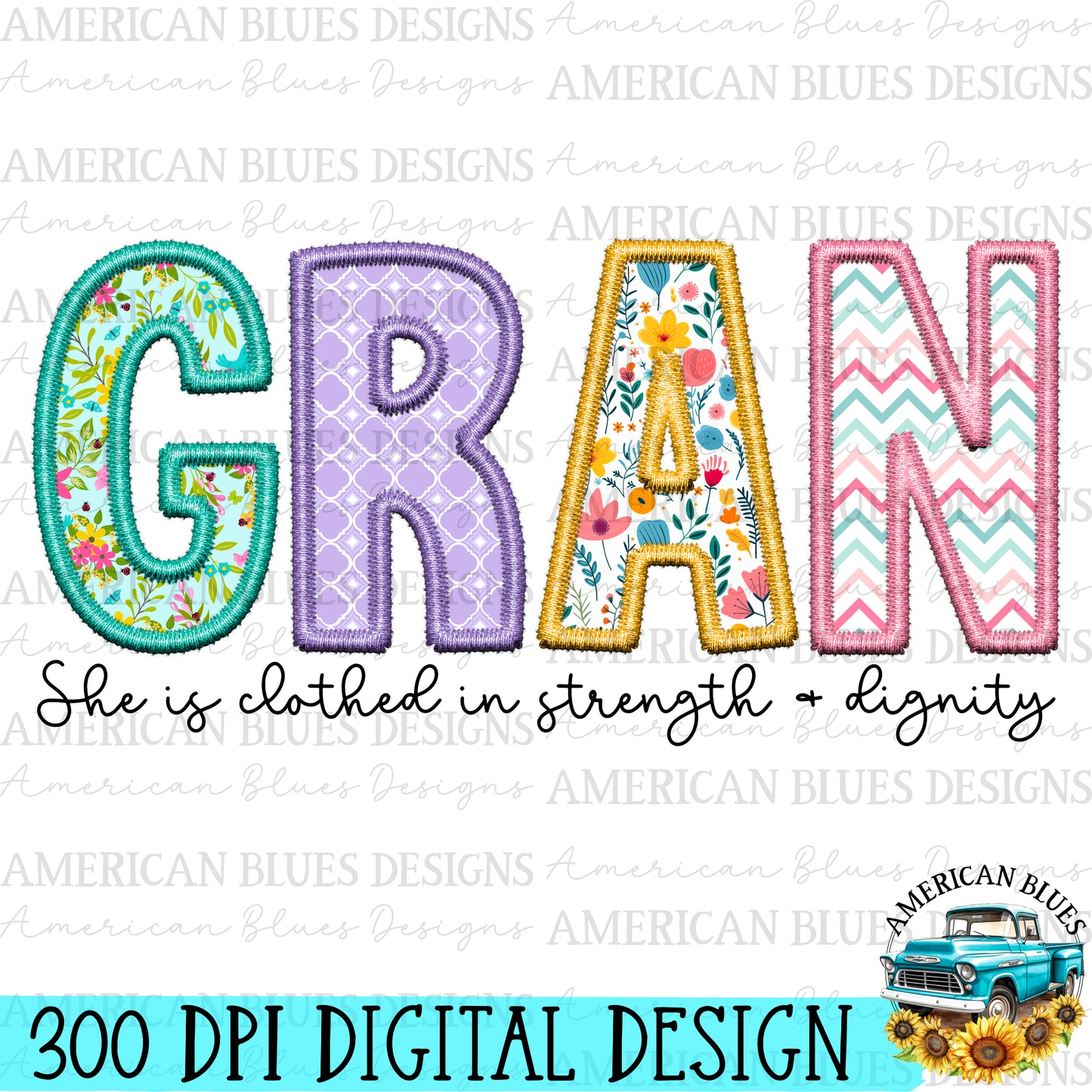 Gran- Spring embroidered name digital design | American Blues Designs