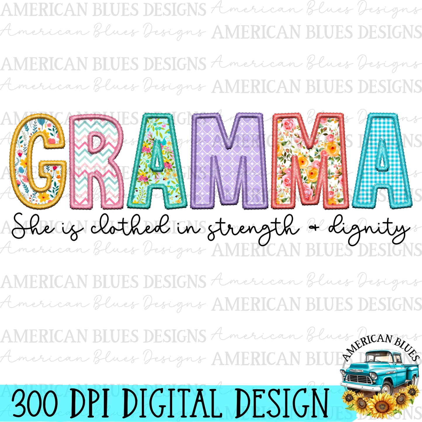 Gramma- Spring embroidered name digital design | American Blues Designs